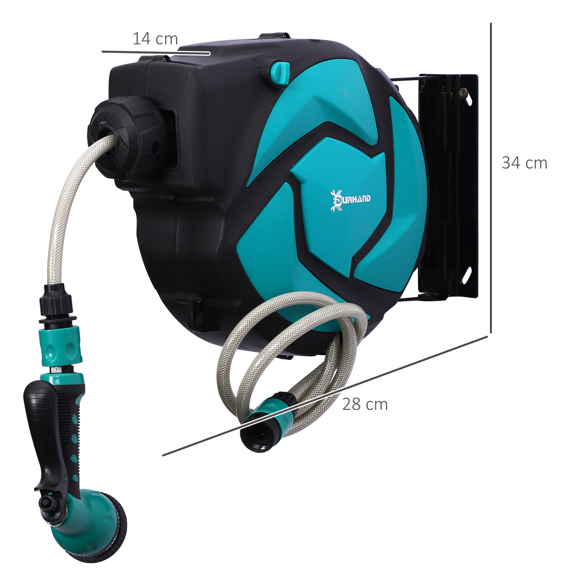 DURHAND wall-mounted hose reel 10m swiveling 180° with multi-spray, plastic green black
