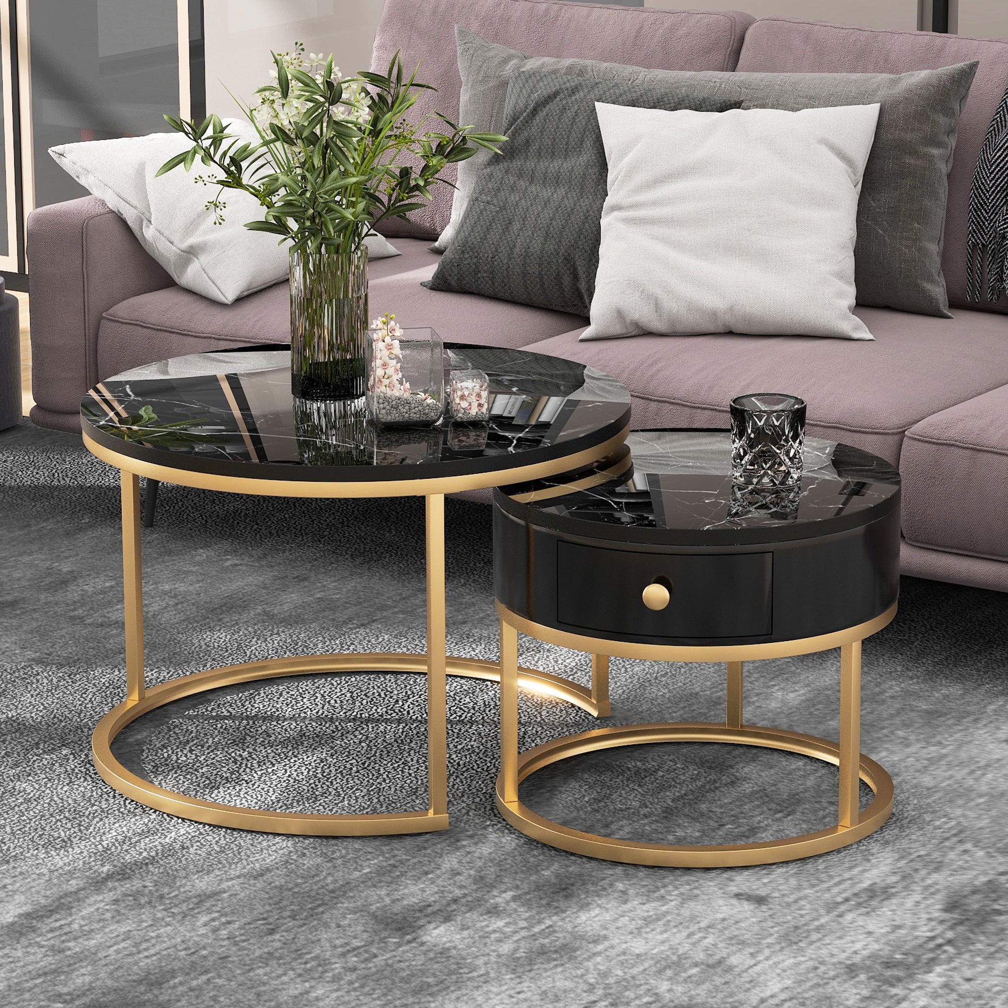 Modern Nesting Coffee Table, Set of 2 Round Side Tables with High Gloss Marble Pattern, Black MDF