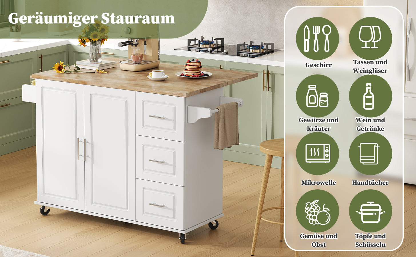 Mobile Kitchen Table with Foldable Oak Worktop and 3 Drawers, Oak and White