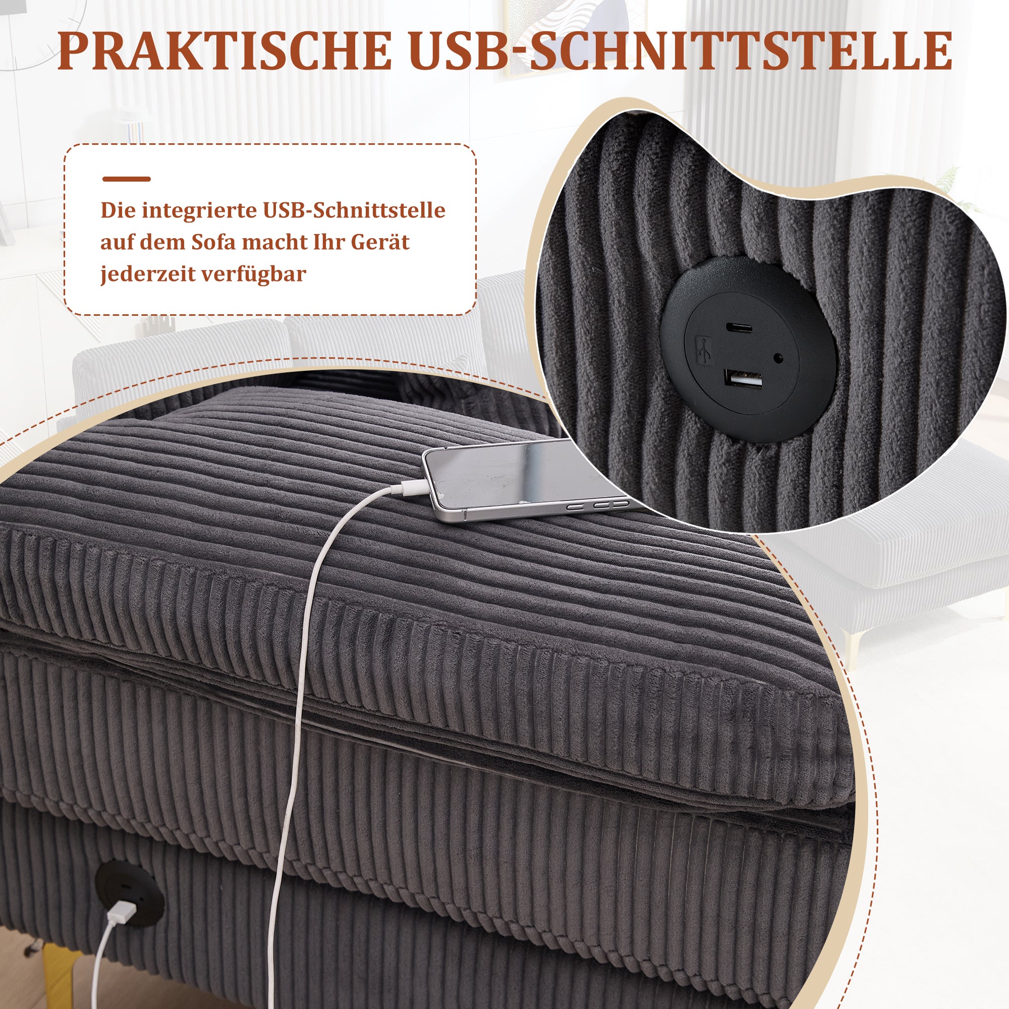 U-Shaped Sofa, LED Ambient Lighting & USB-C Port, Solid Wood Frame, Grey