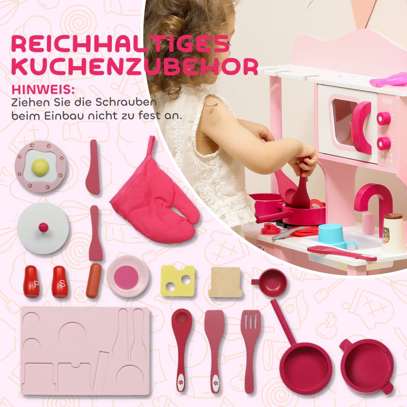 Children's Play Kitchen with Wooden Accessories and Sound Effects, Pink