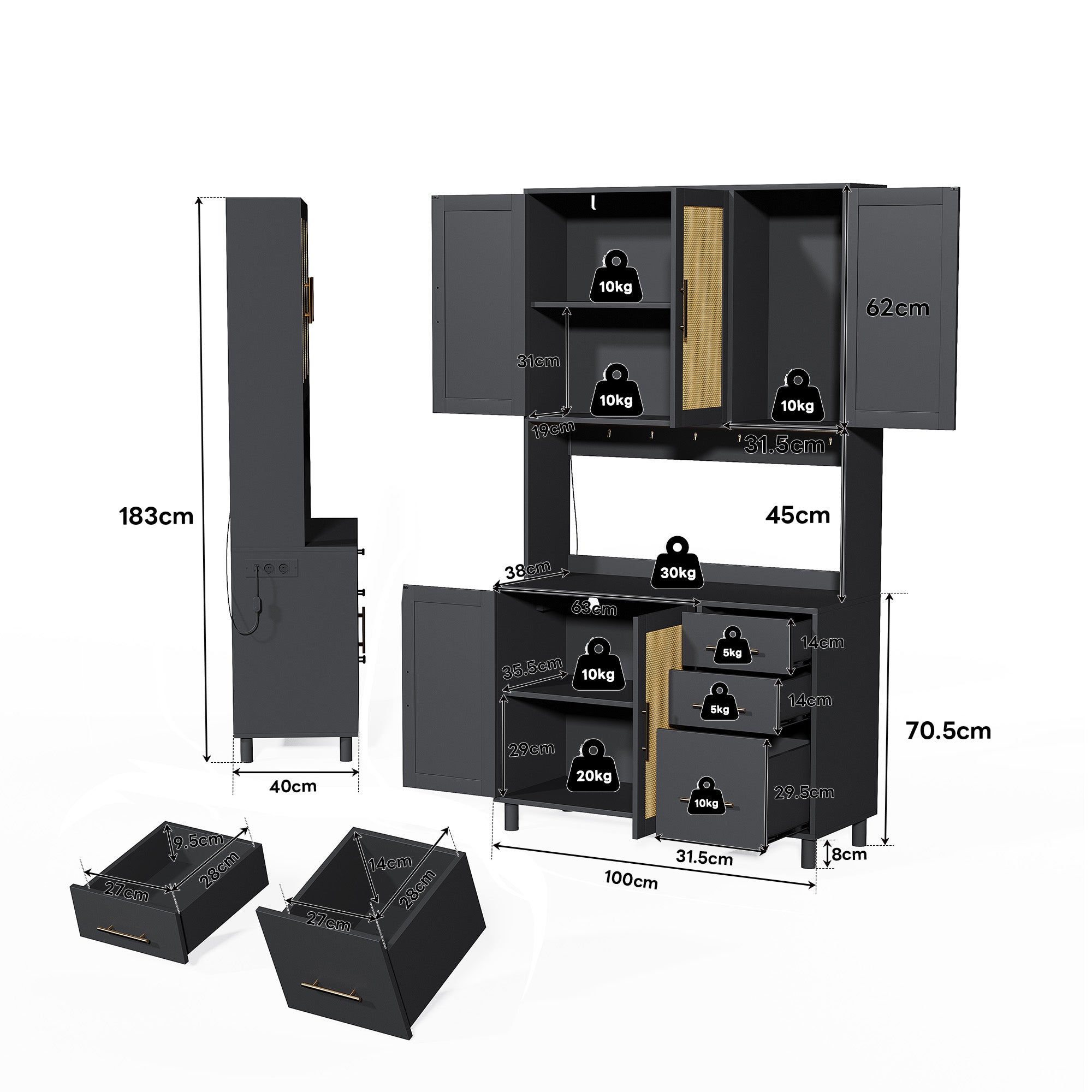 Kitchen Sideboard Buffet 183cm with App LED Lights Power Outlets Shelves & 3 Drawers - Gold Handles