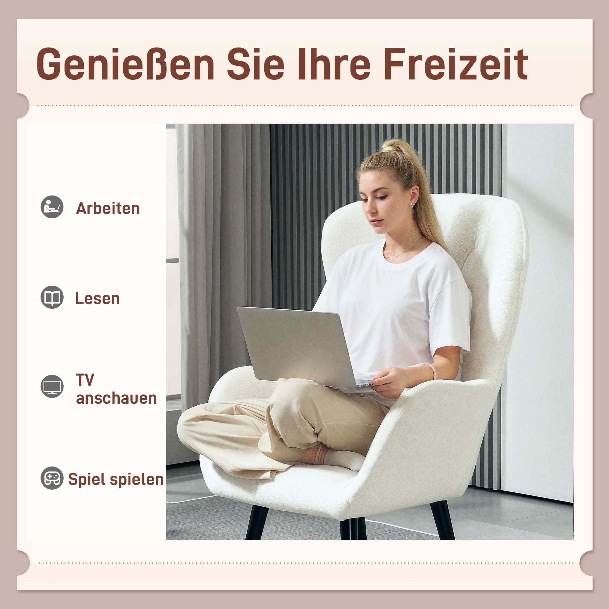 Armchair Lounge Chair, Padded Teddy with Lumbar Cushion, Wooden Legs, White