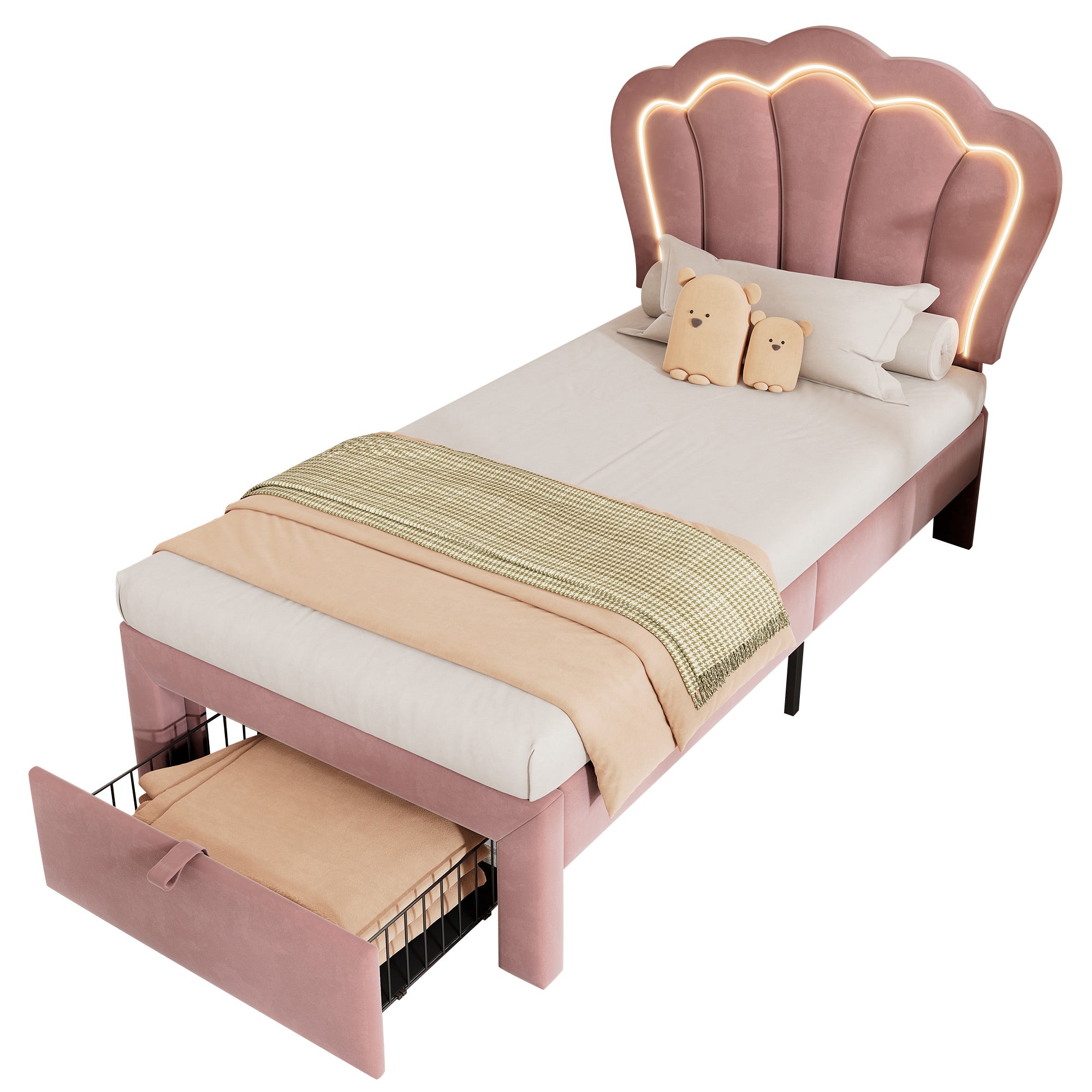 Children's Bed, LED Single with Drawers, APP-Control, Adjustable Headboard, Velvet Pink