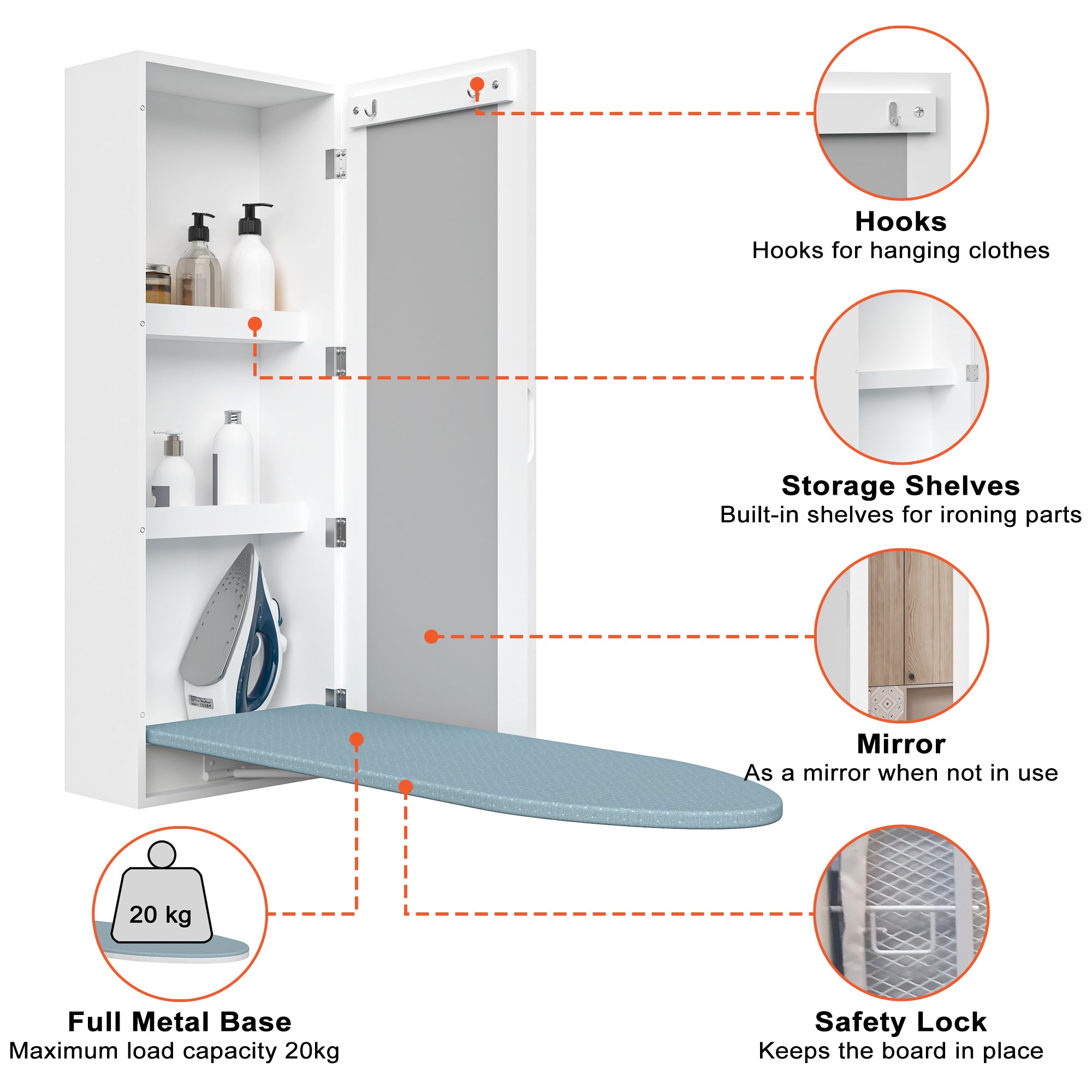 Wall Mounted Ironing Board Cabinet Folding Board Mirror Storage
