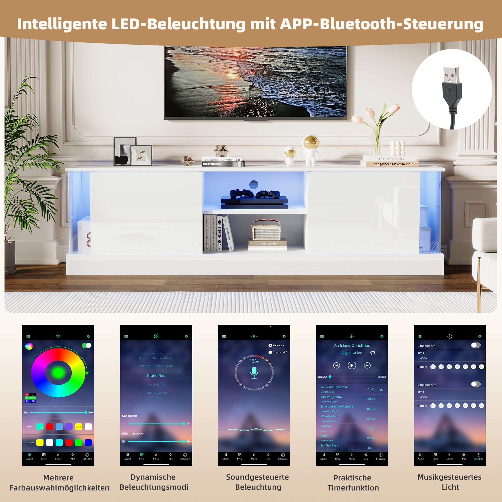 TV Cabinet with LED Storage, Floor-Standing, 70-inch TV Compatible, High-Gloss White