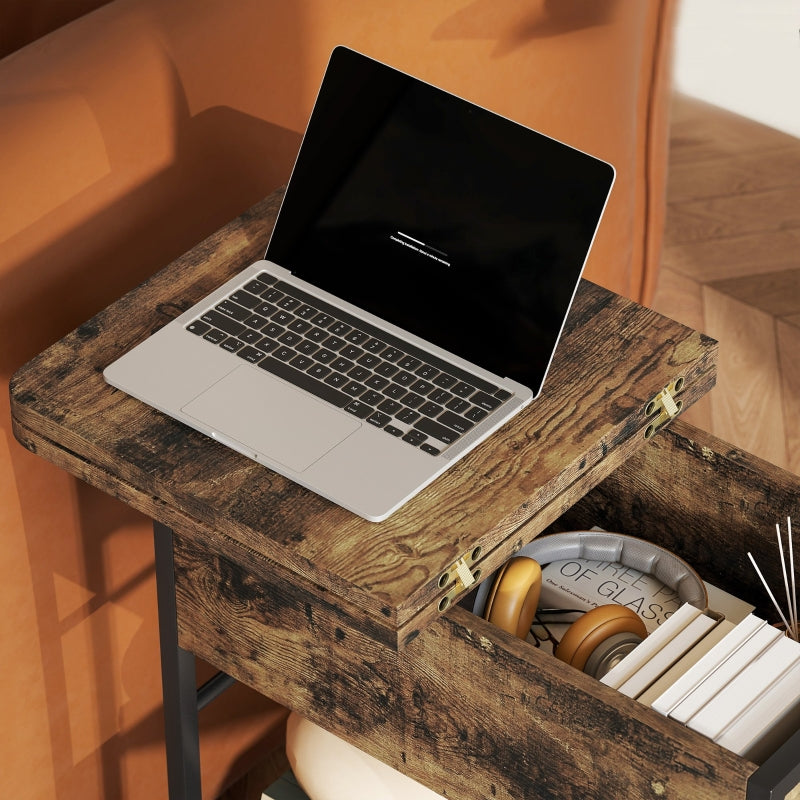 Side Table with Power Strip, 2 Levels, USB Ports, Rustic Brown