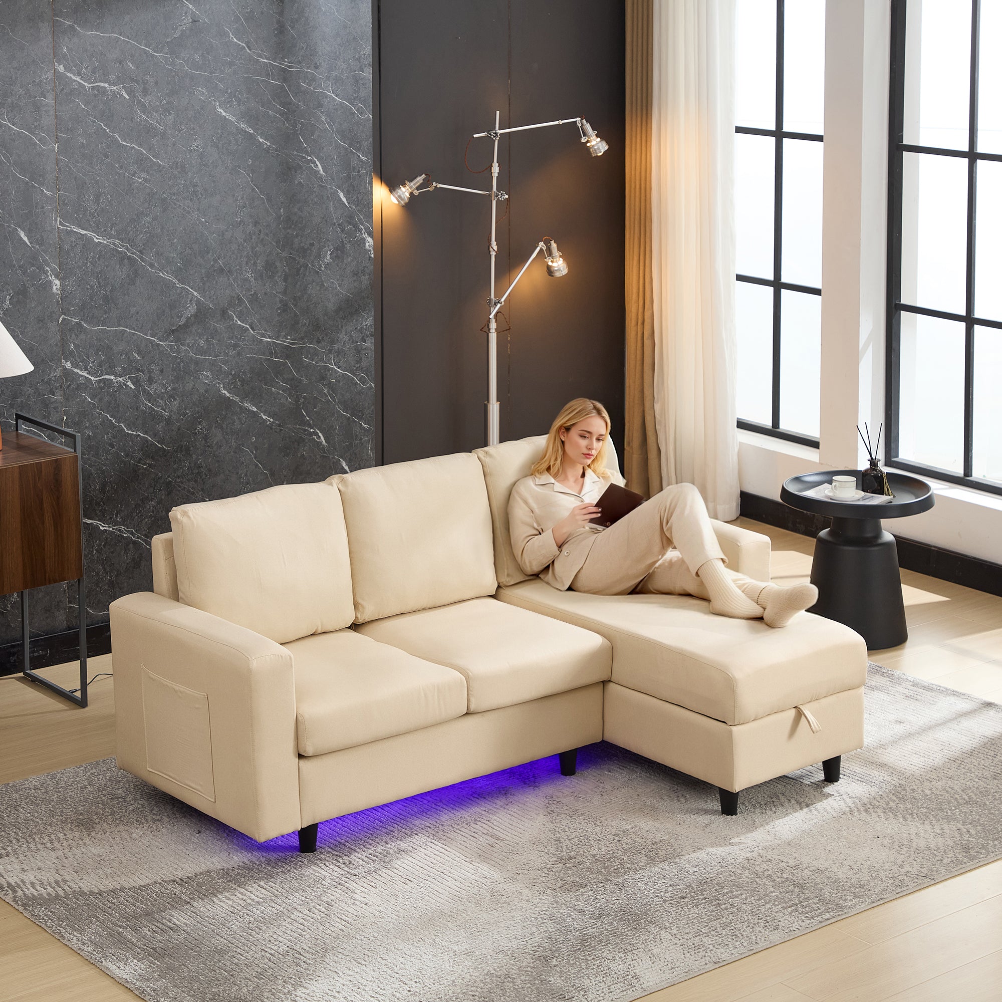 L-Shaped Sofa Bed, 3 Seater Sleeper with Storage, USB, and LED, Beige