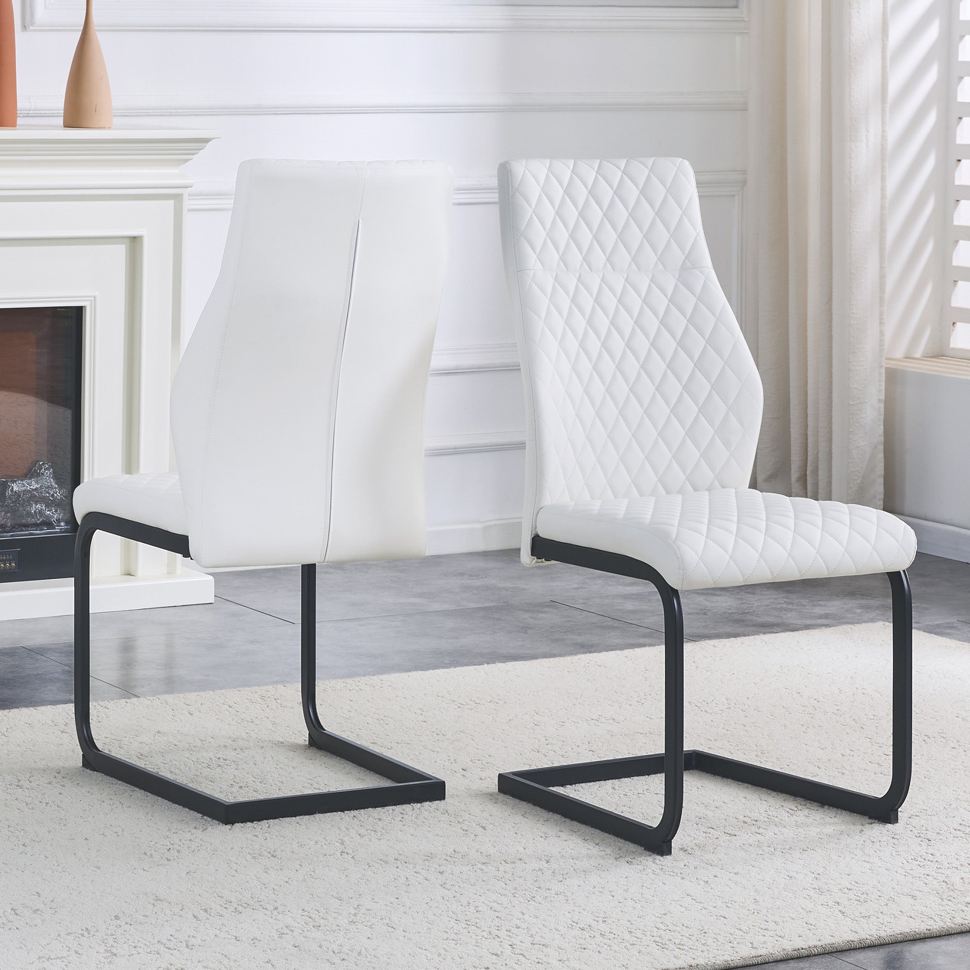 Dining Chairs Set of 2 with High Backrest and Diamond Pattern, White PU Leather and Metal