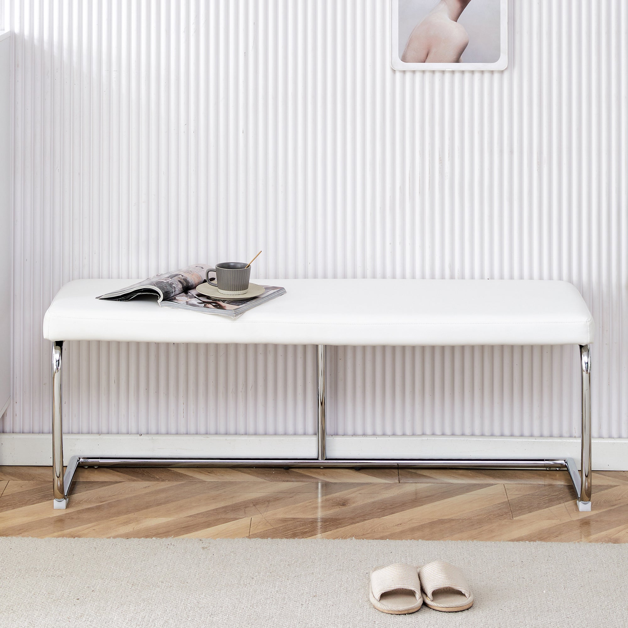 Bench 130cm Modern for Dining Room & Hallway, White Leather