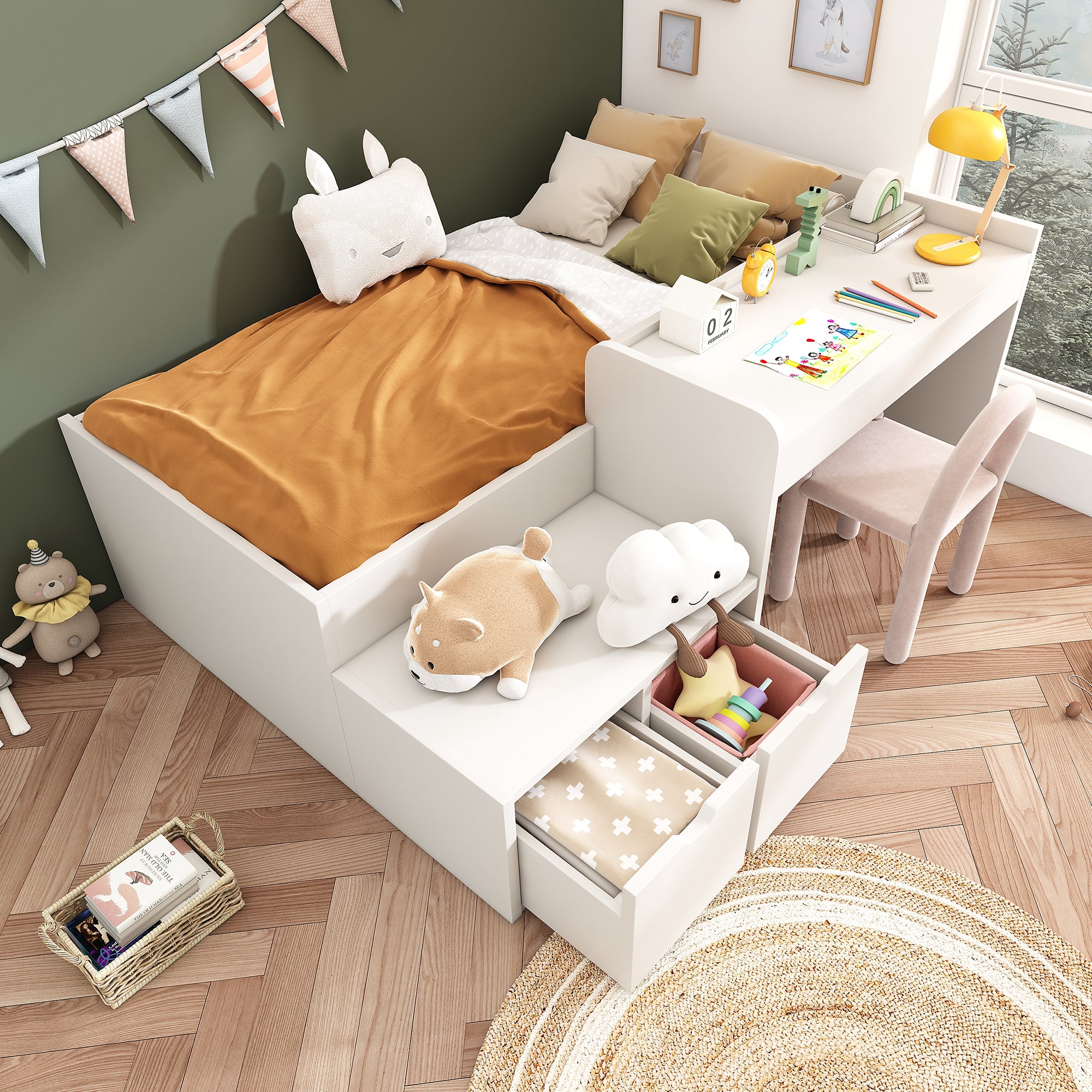 Children's Bed, Solid Wood Single with Desk & Drawers, White