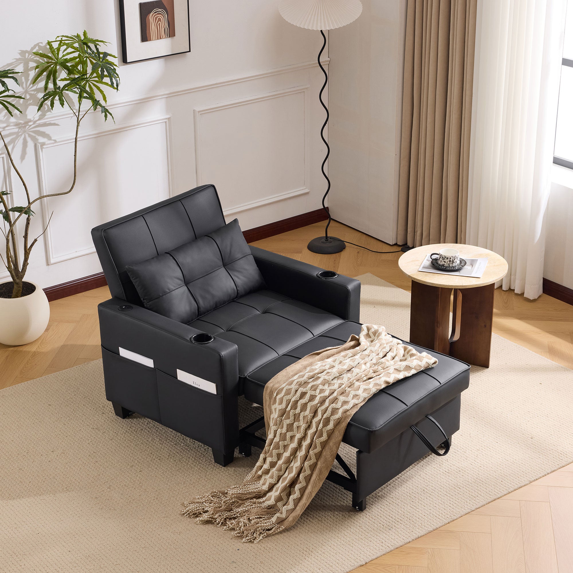 Sofa Bed, 3-in-1 Pull-Out with Cup Holders & USB Port