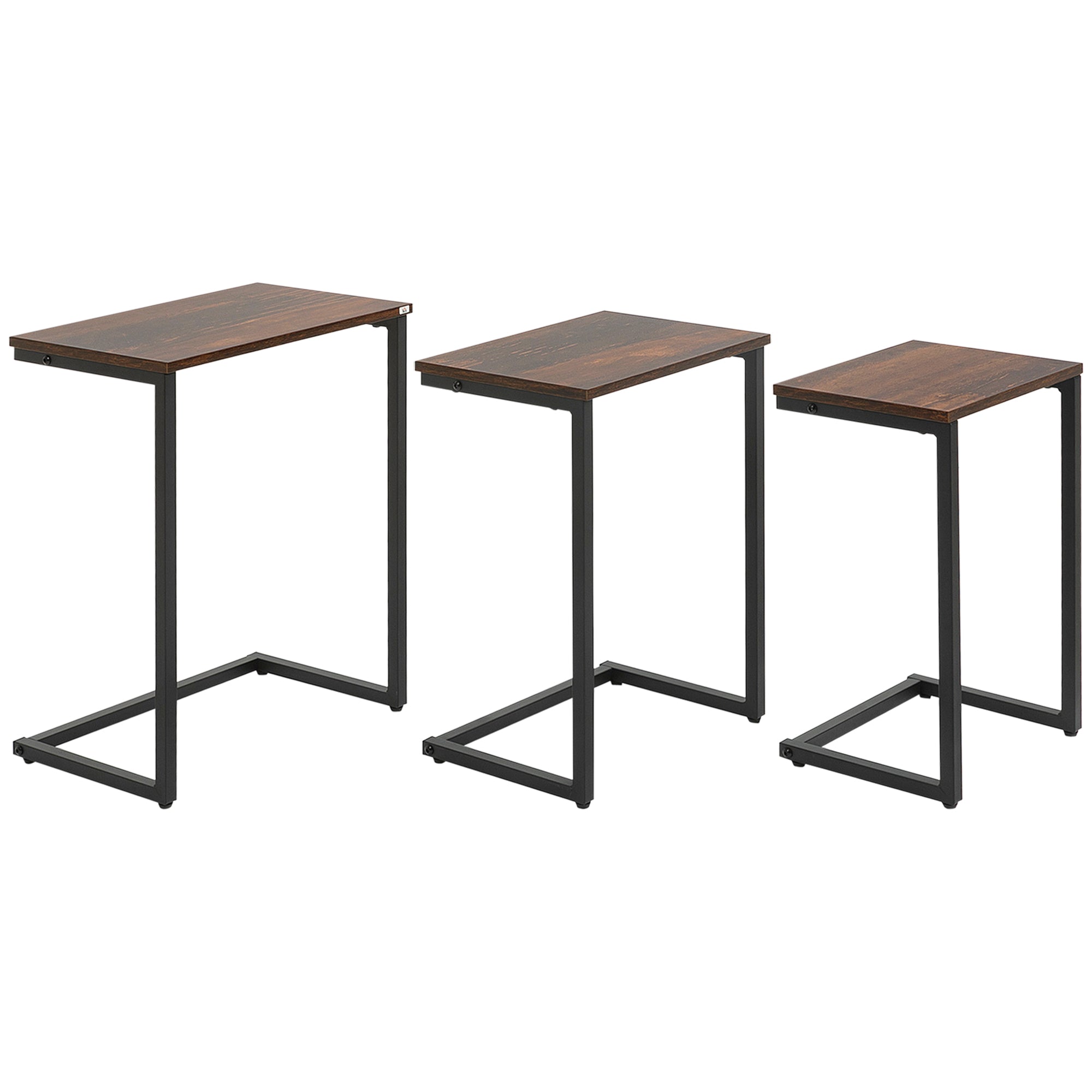 Set of 3 side tables, C-shaped nesting, space-saving, steel frame, rustic brown