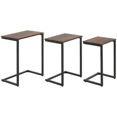 Set of 3 side tables, C-shaped nesting, space-saving, steel frame, rustic brown
