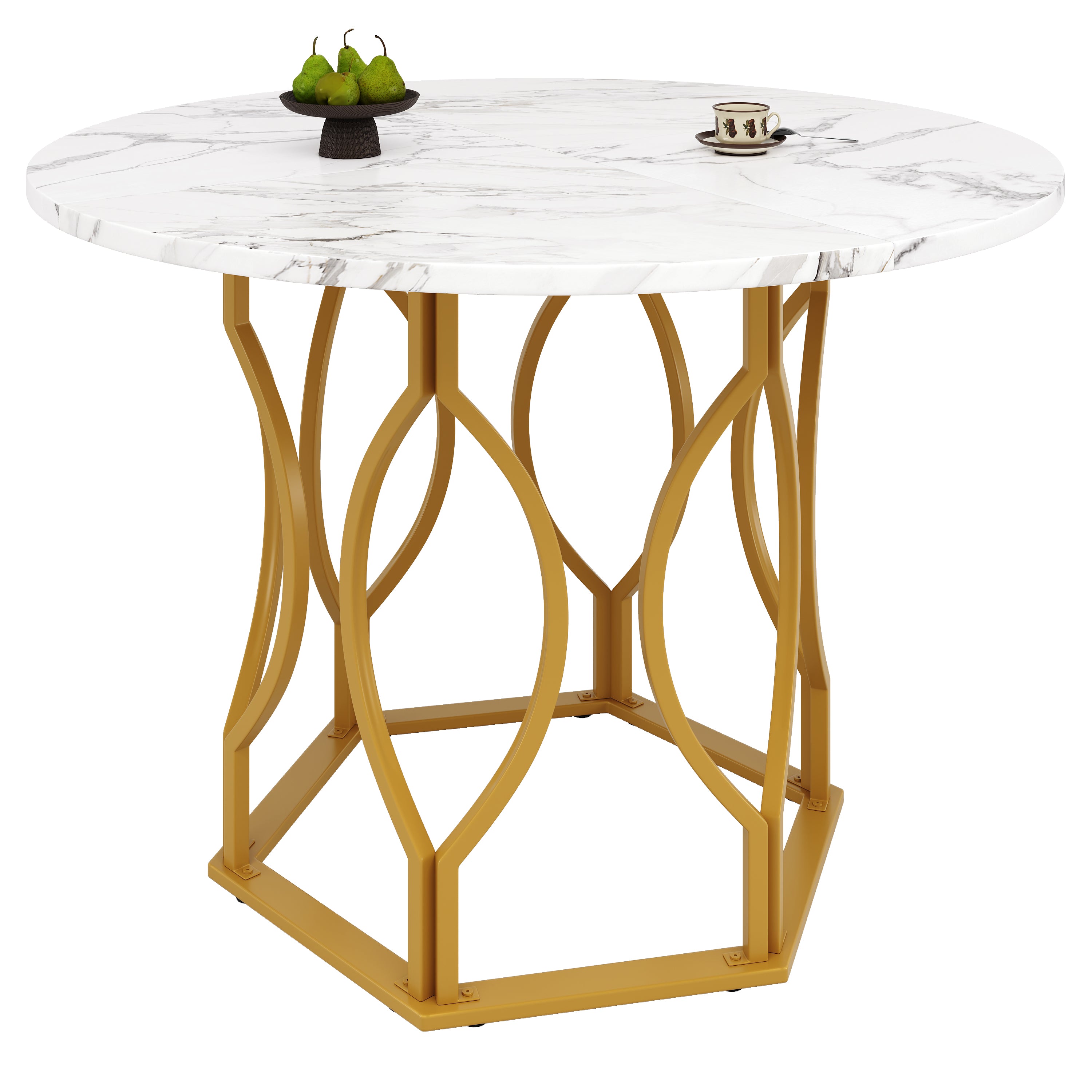 Round Dining Table (100x100x76cm), 4-Seater, Metal Legs, MDF Marbled Tabletop, Golden Legs