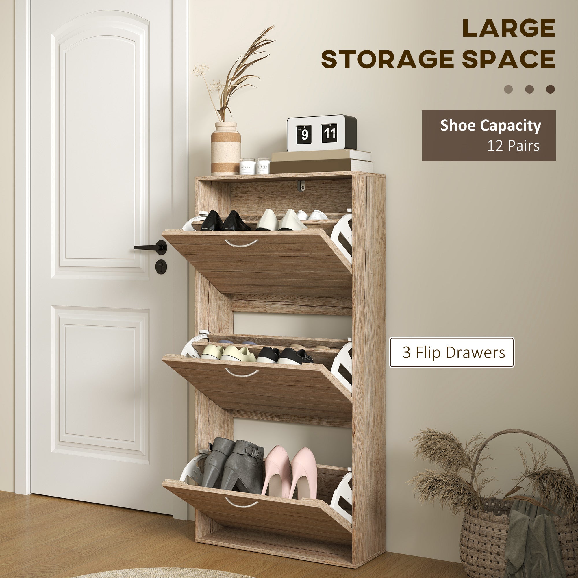 Shoe Storage Cabinet, 12-Pair Flip Drawer, Brown Wood-Effect