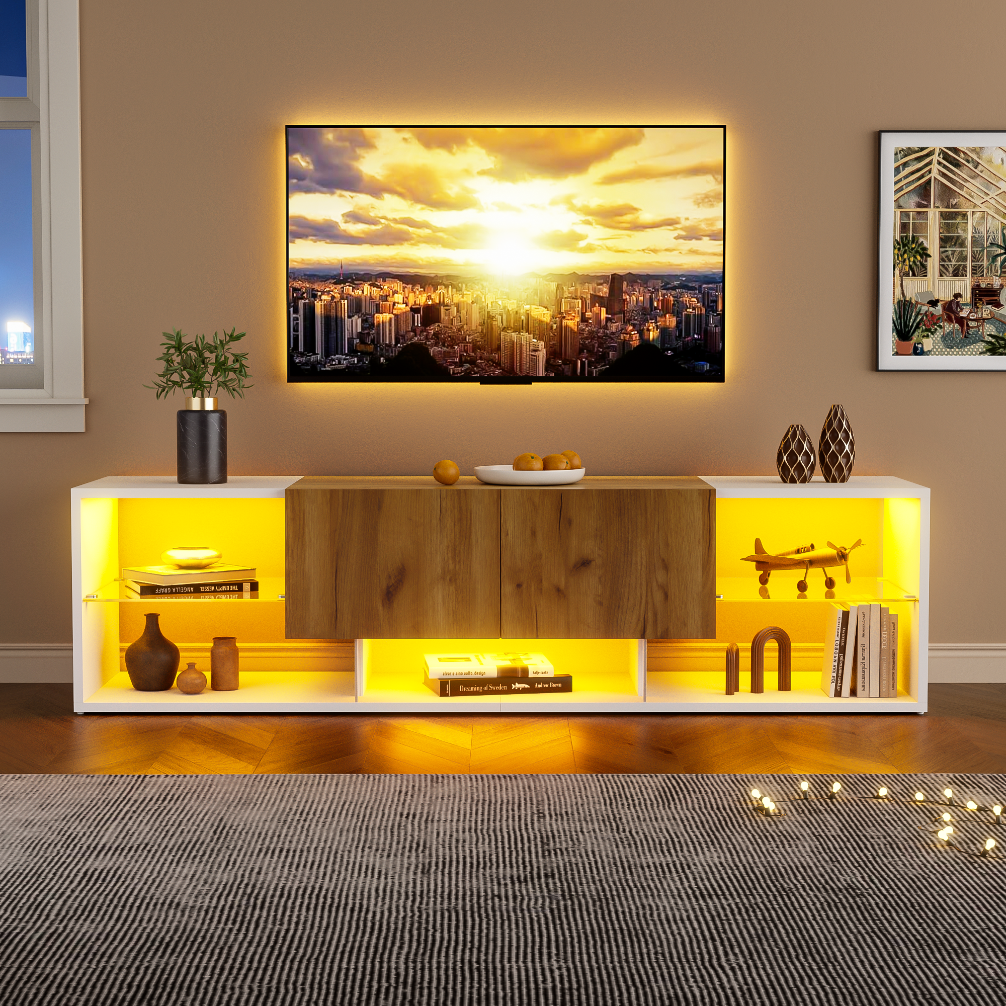 TV Stand 2-Drawer LED for 70 Inch TV, Wood and White MDF