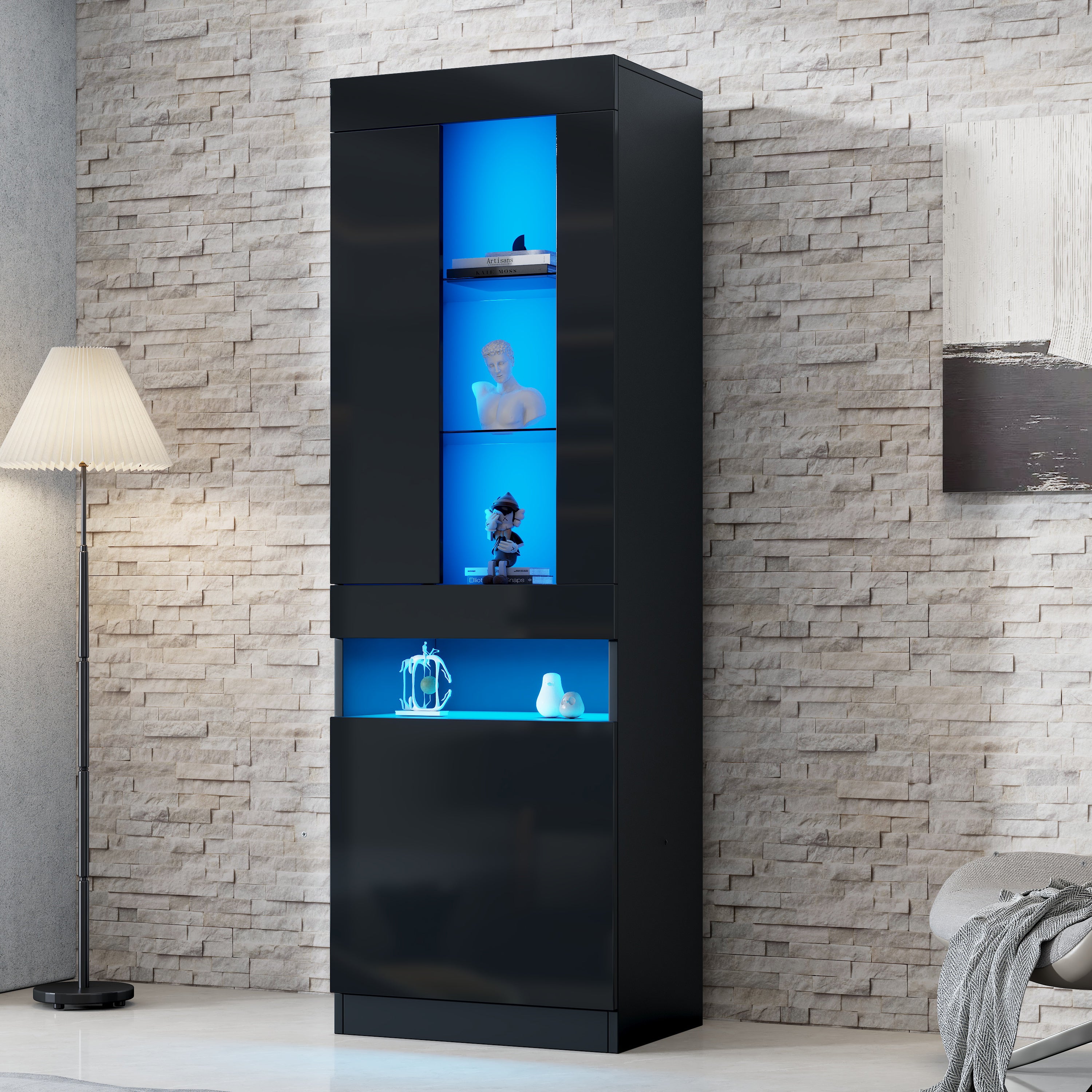 Display Cabinet, Freestanding Storage with LED Lighting, Black