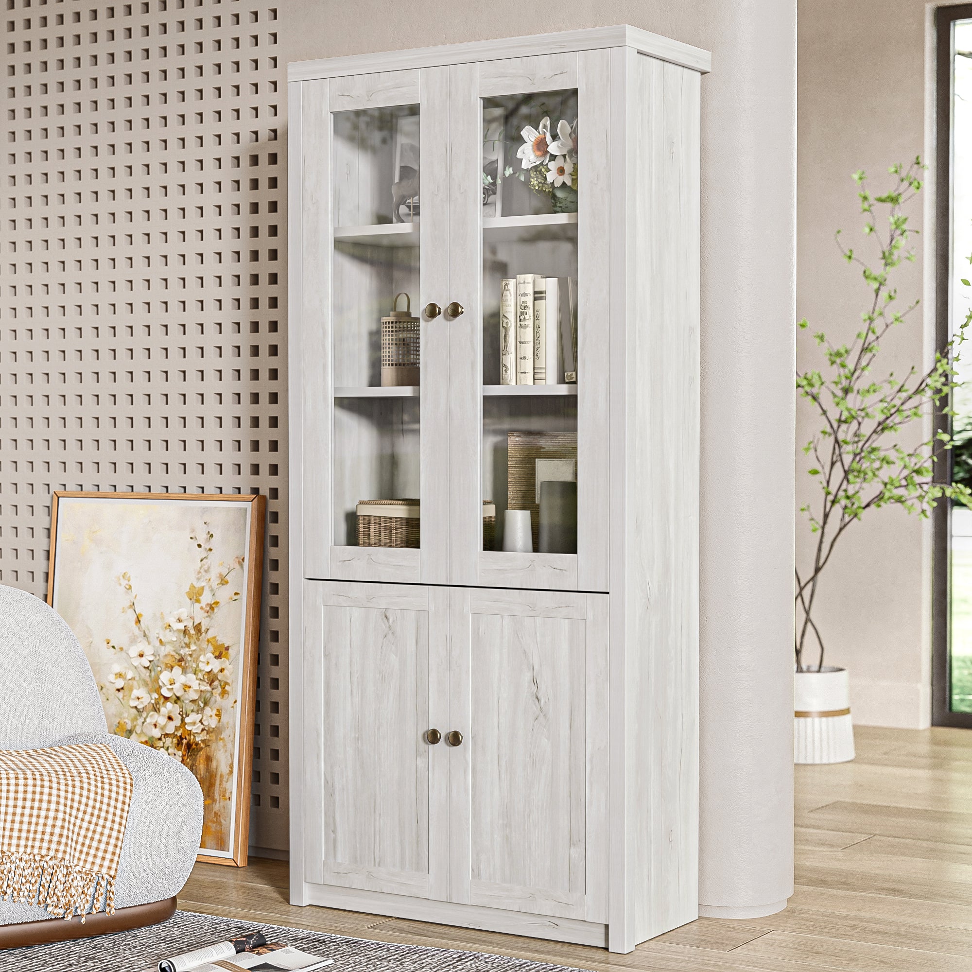 Tall Cabinet, Glass & Wood Doors, Copper Handles, Wood Look