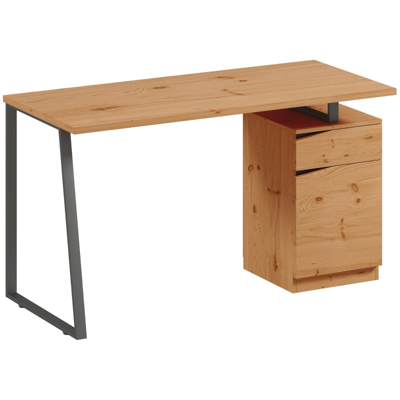 Computer Desk with Cabinet Drawer Metal Legs, Natural Wood Finish