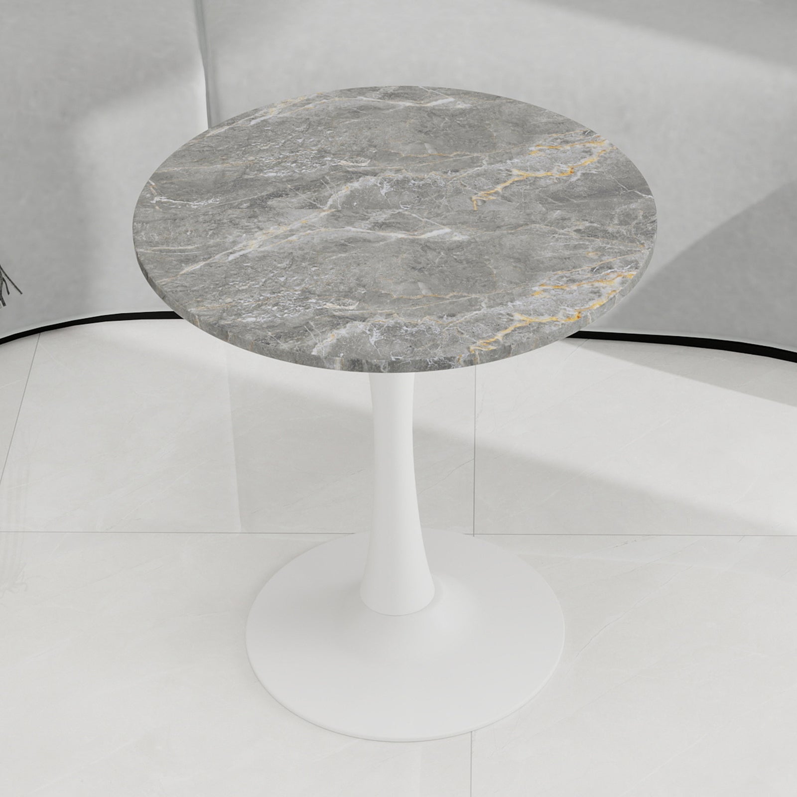 Coffee Table 27.6-inch Round Marble Top Mid-Century Modern - White/Gray Veined Finish