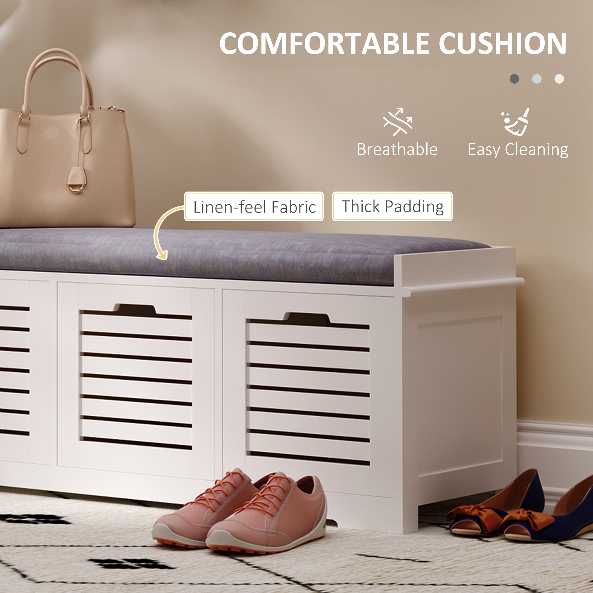 Shoe Storage Bench with 3 Drawers & Removable Seat Cushion, Grey