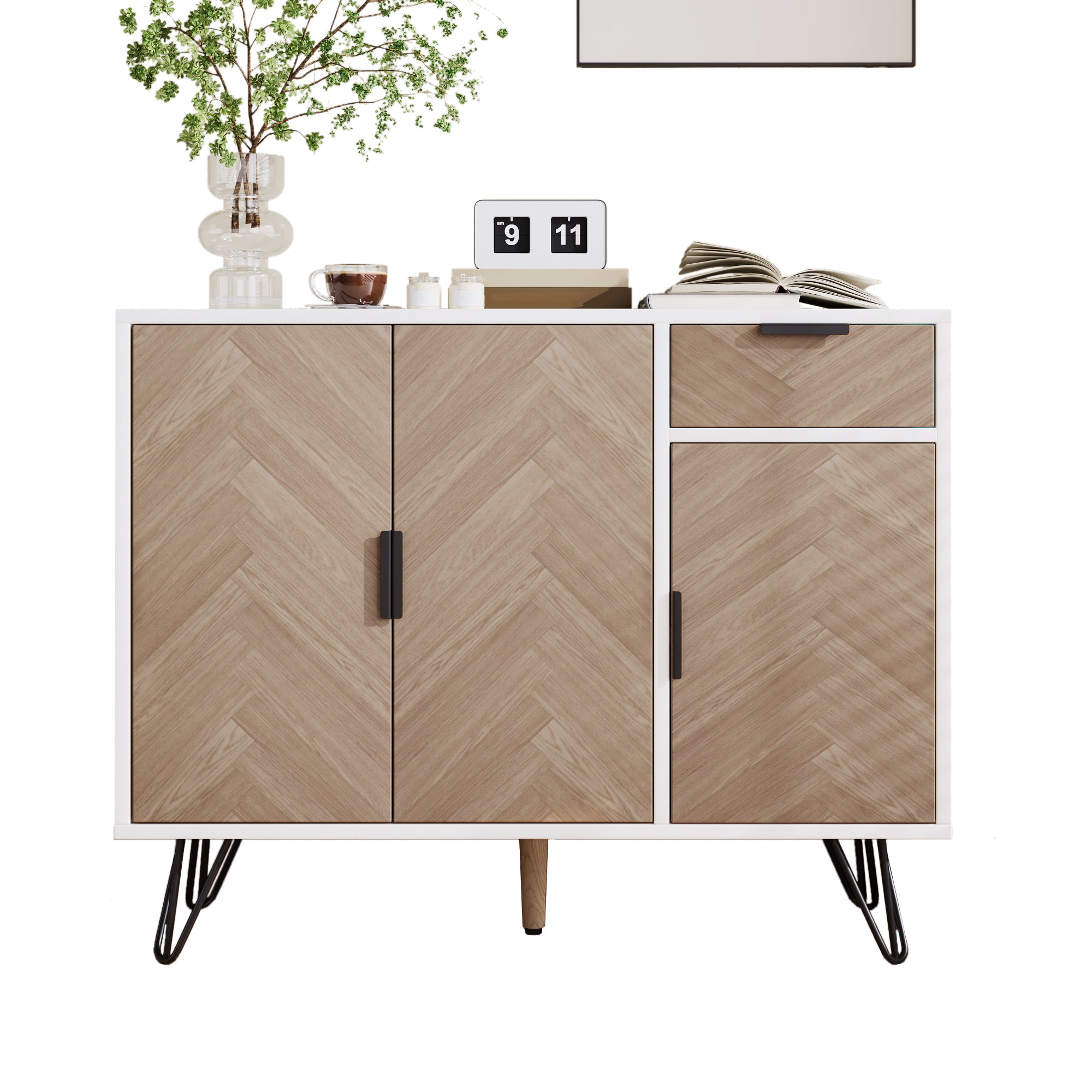 Modern storage cabinet, sideboard with drawer and adjustable shelves, white and wood look