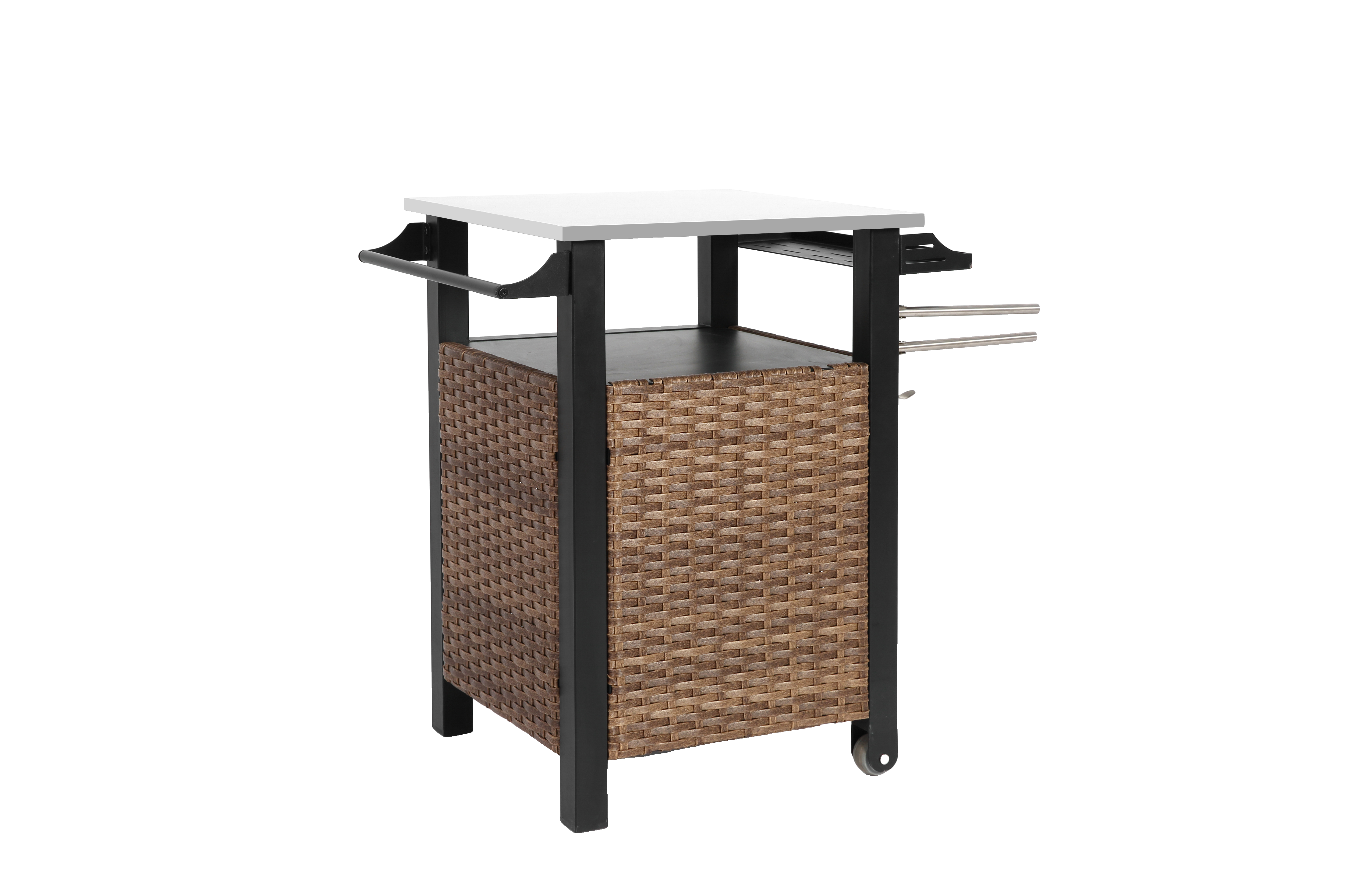 Bar Cart, Outdoor Kitchen Wicker Island Rolling with Stainless Steel Top, Brown