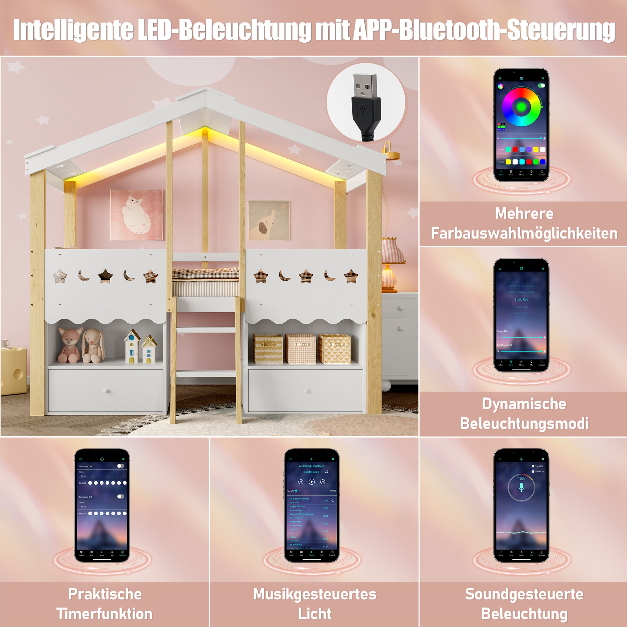 Mid-height Bed 90x200cm House Shape 2 Drawers LED Light - White/Natural