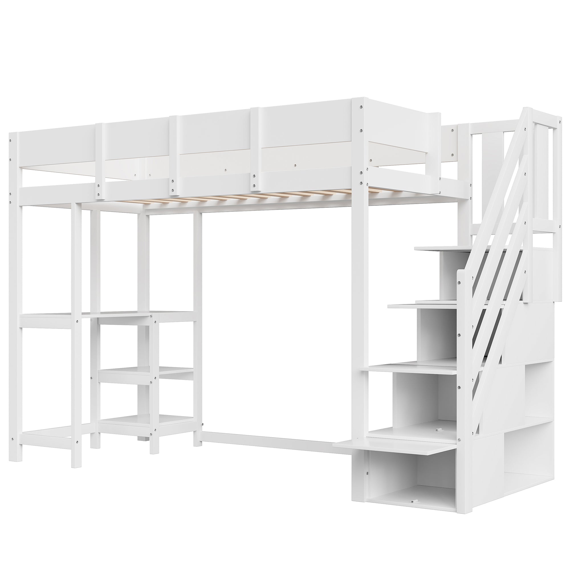 Bunk Bed, Multifunctional Loft with Storage & Shelf, Pine Wood, White