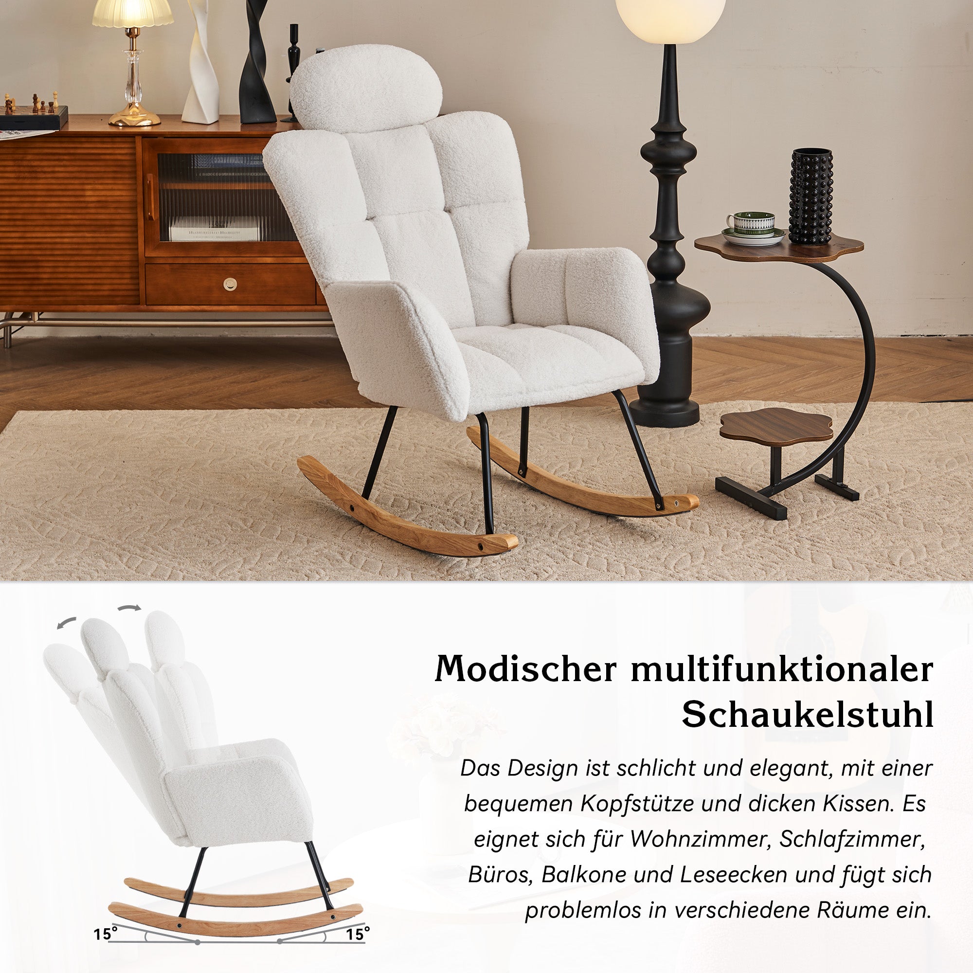 055 Rocking Chair, Tufted Upholstered Seat, White