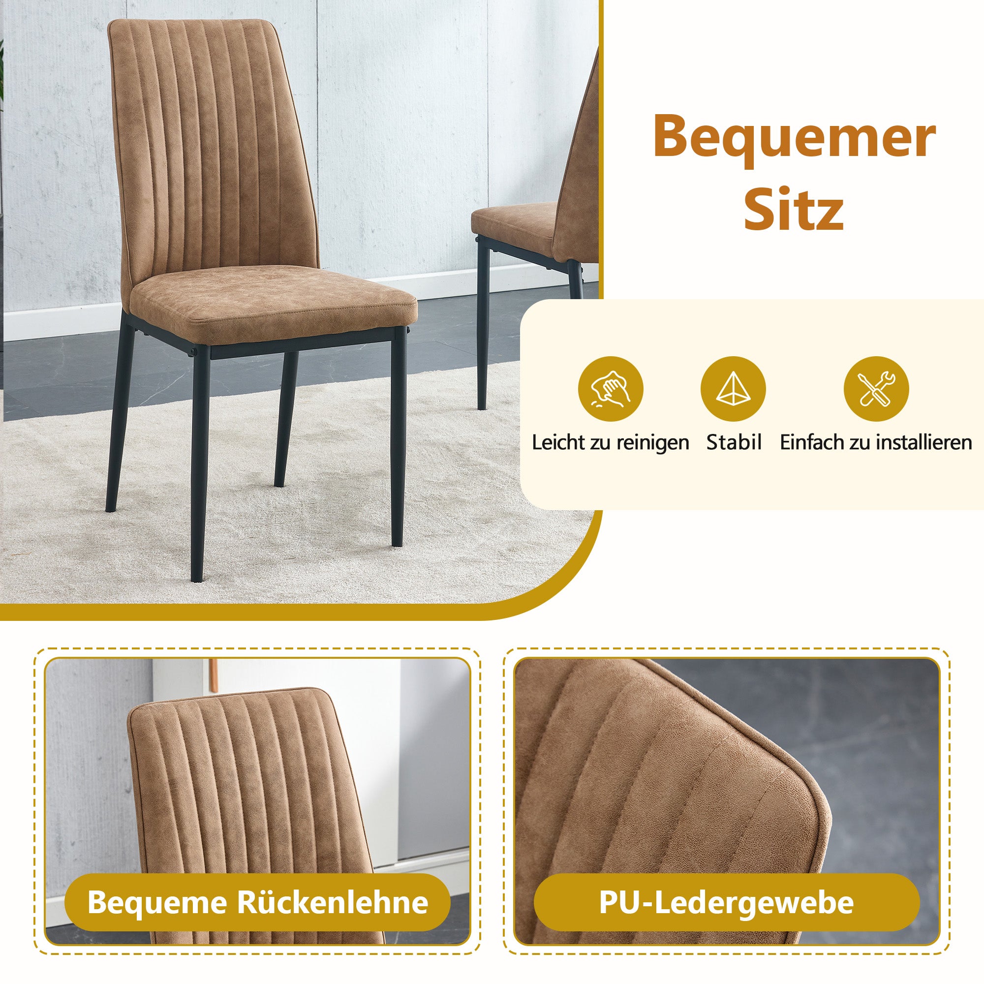 Dining Table Set, Modern Minimalist 85cm Glass Table & 4 Chairs, Brown High-Tech Fabric