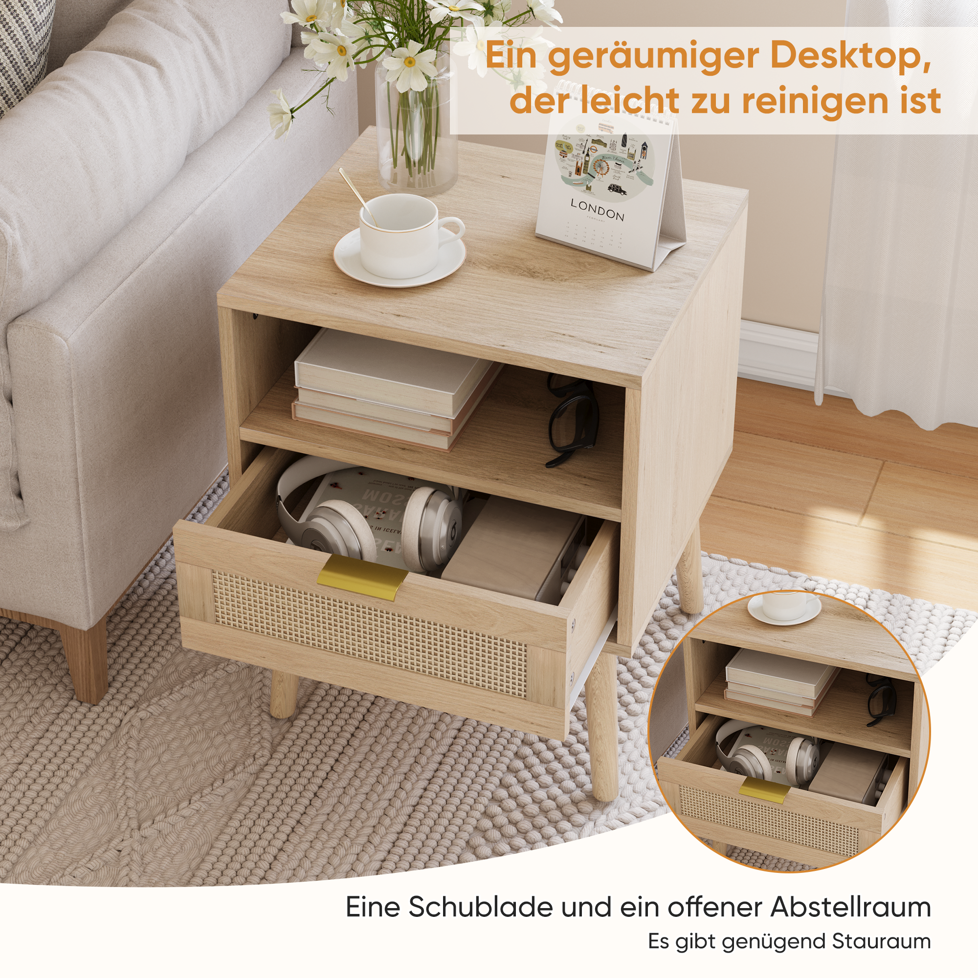 Bedside Table Open Shelf Gold Handle 45x40cm Vine