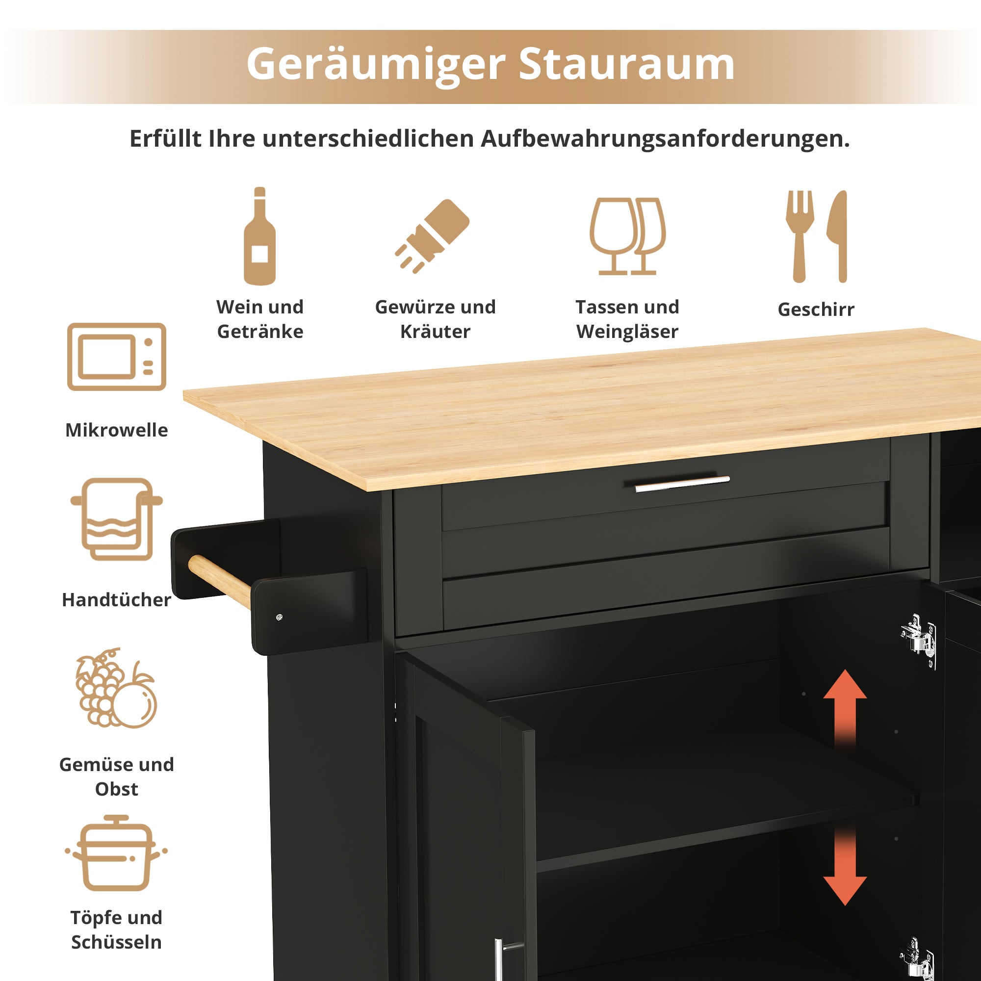 Mobile Kitchen Table Folding Worktop Cabinet Spice Rack 5 Casters - Oak Grain