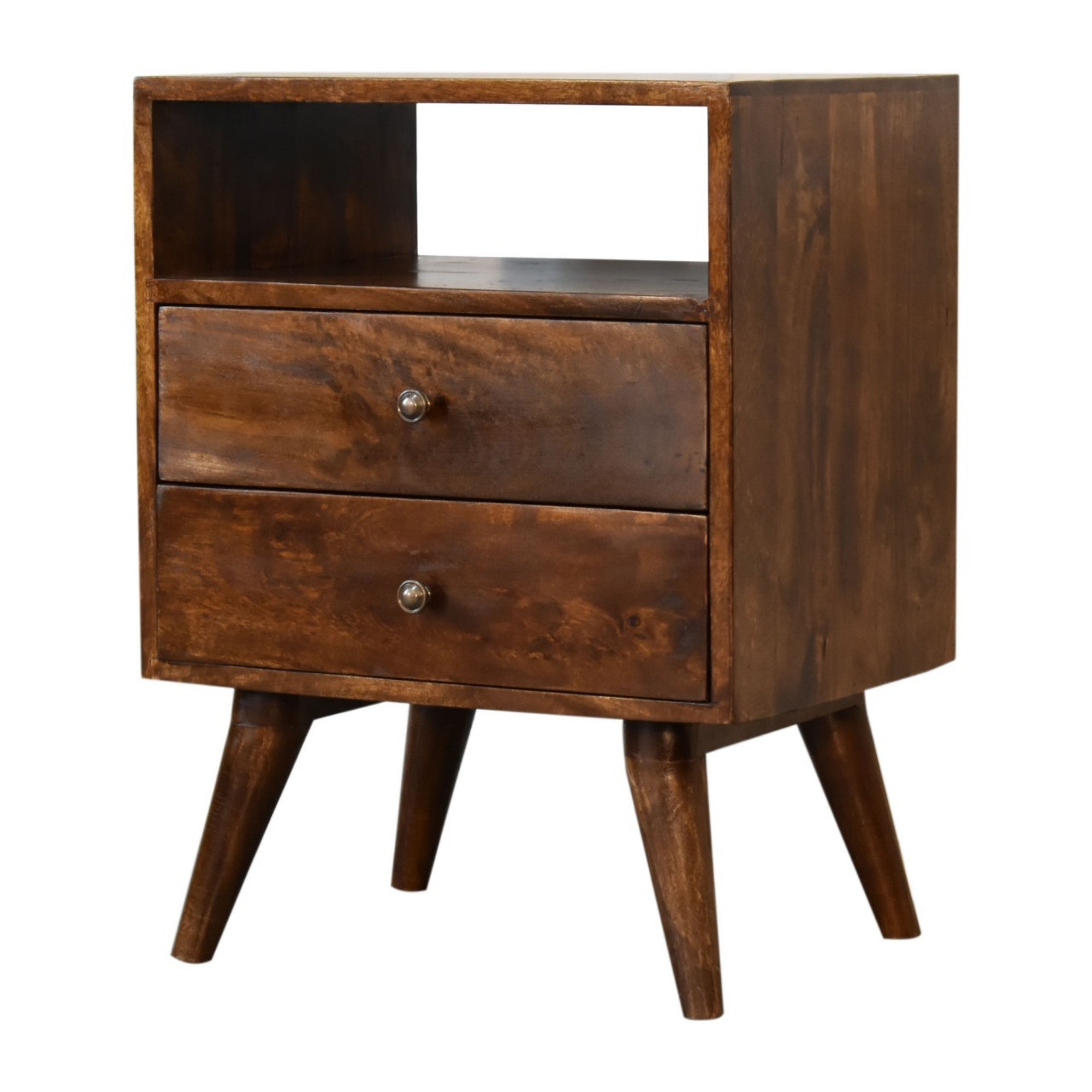 Solid Wood Classic Chestnut Bedside 2 Drawers Open Slot Dark Brown