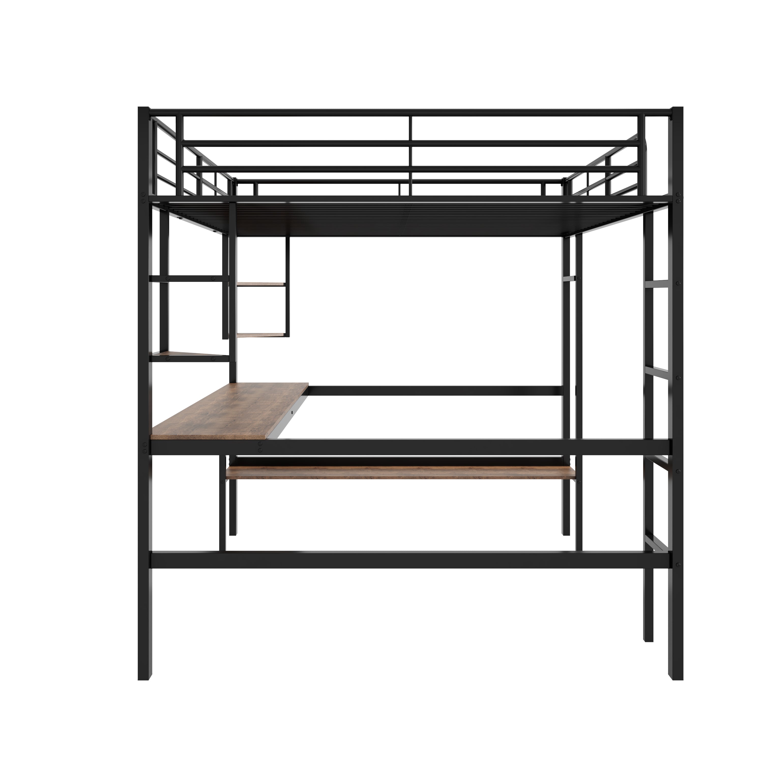 Loft Bed 140x200cm Metal Frame with Desk Shelves & Bookcase - Black