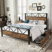 Metal Bed 4ft6 Double 135x190cm with 2 Drawers, Durable Sturdy Multifunctional Iron Storage Bed, Black+Wood Color