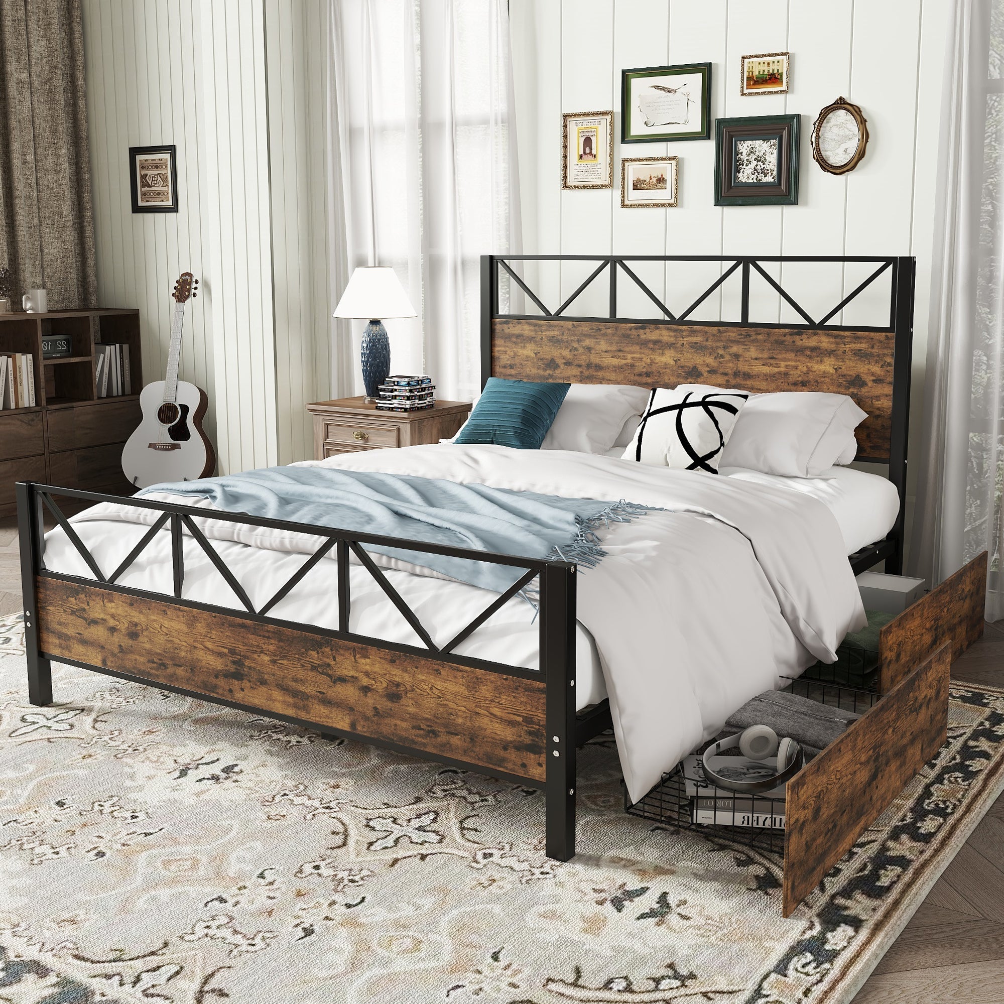 Metal Bed 4ft6 Double 135x190cm with 2 Drawers, Durable Sturdy Multifunctional Iron Storage Bed, Black+Wood Color