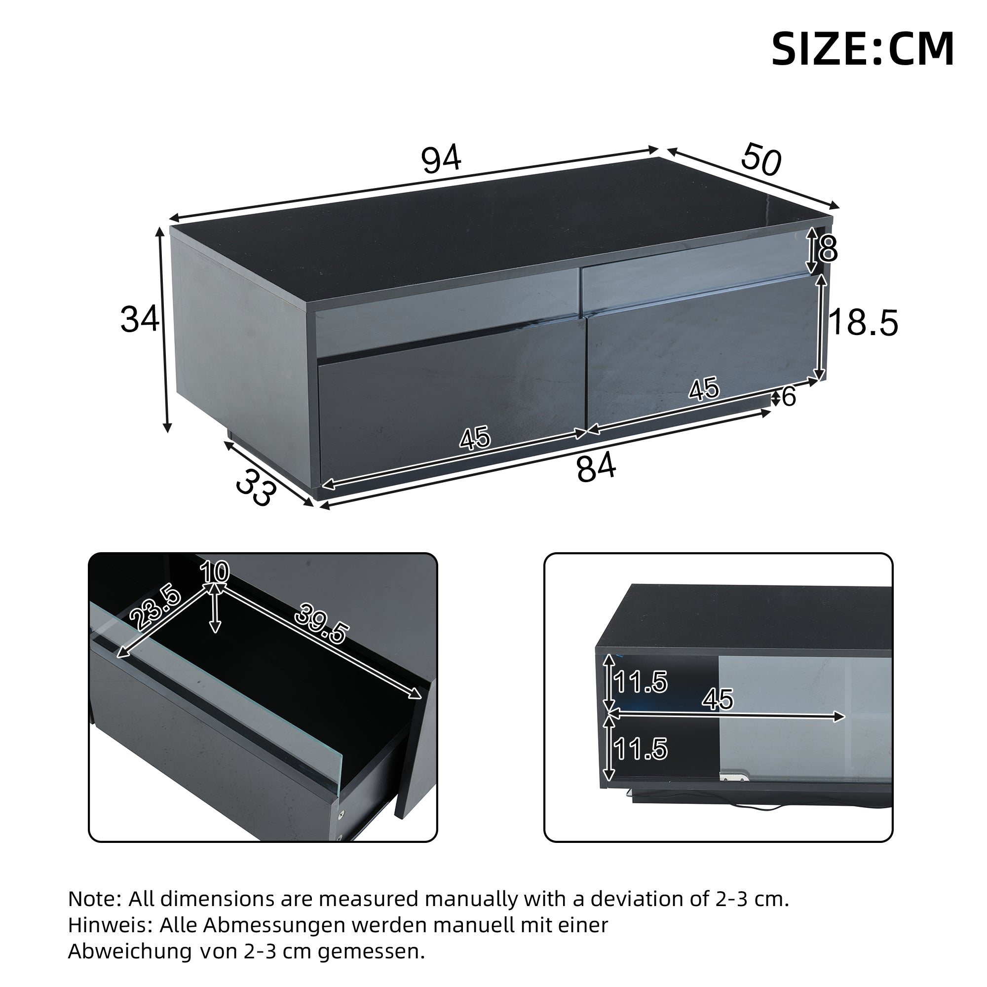 LED Coffee Table with 2 Drawers and Tempered Glass Door, Black High-Gloss
