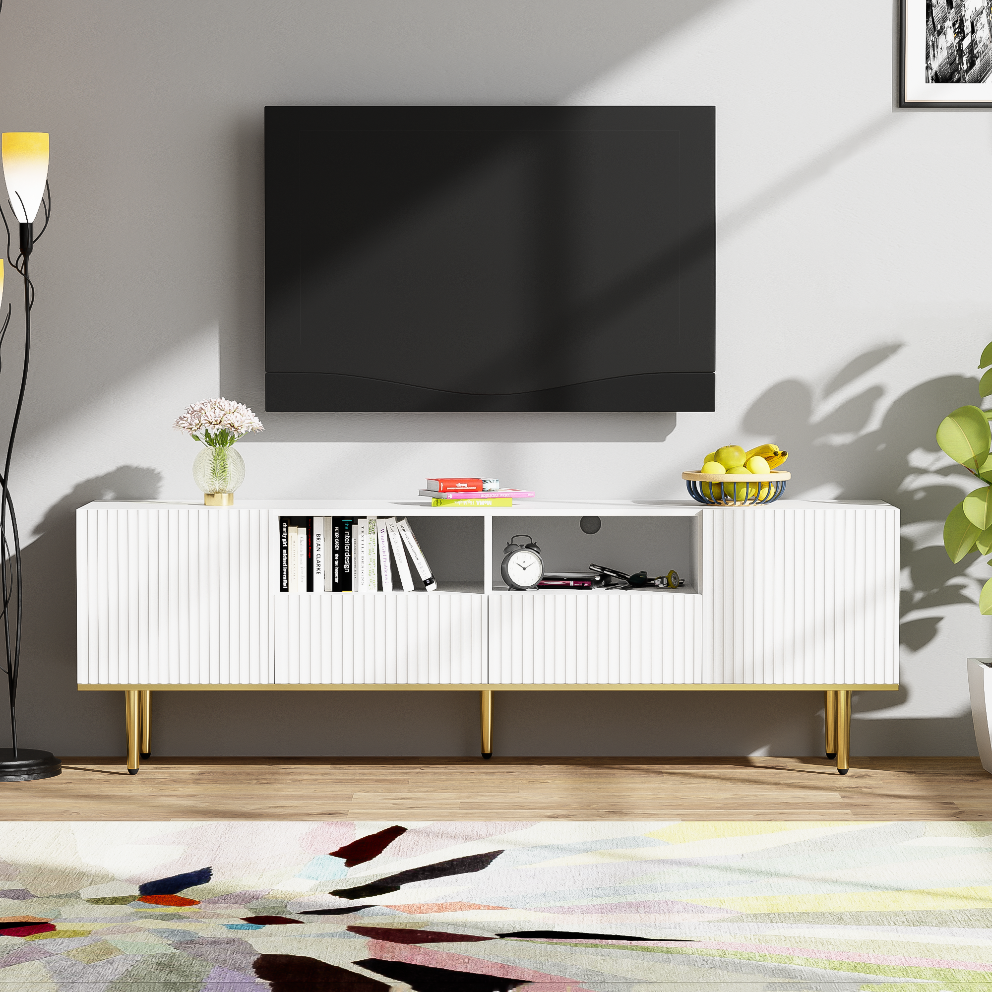TV Cabinet, Modern with Gold Legs and Trim, Gold