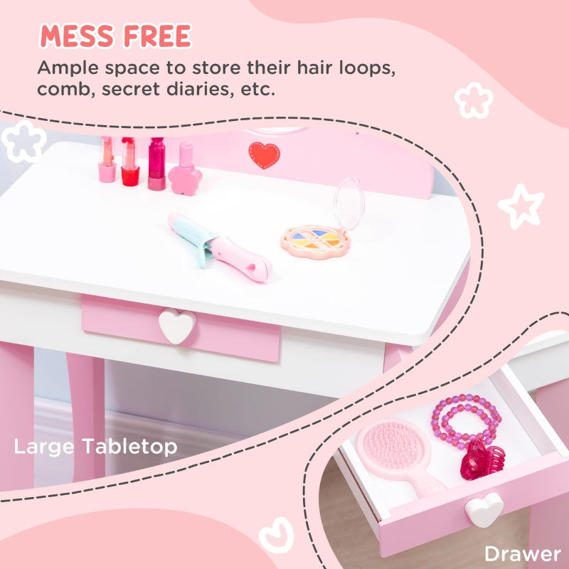 Kids Dressing Table Set w/ Mirror, Stool & Drawer, Pink