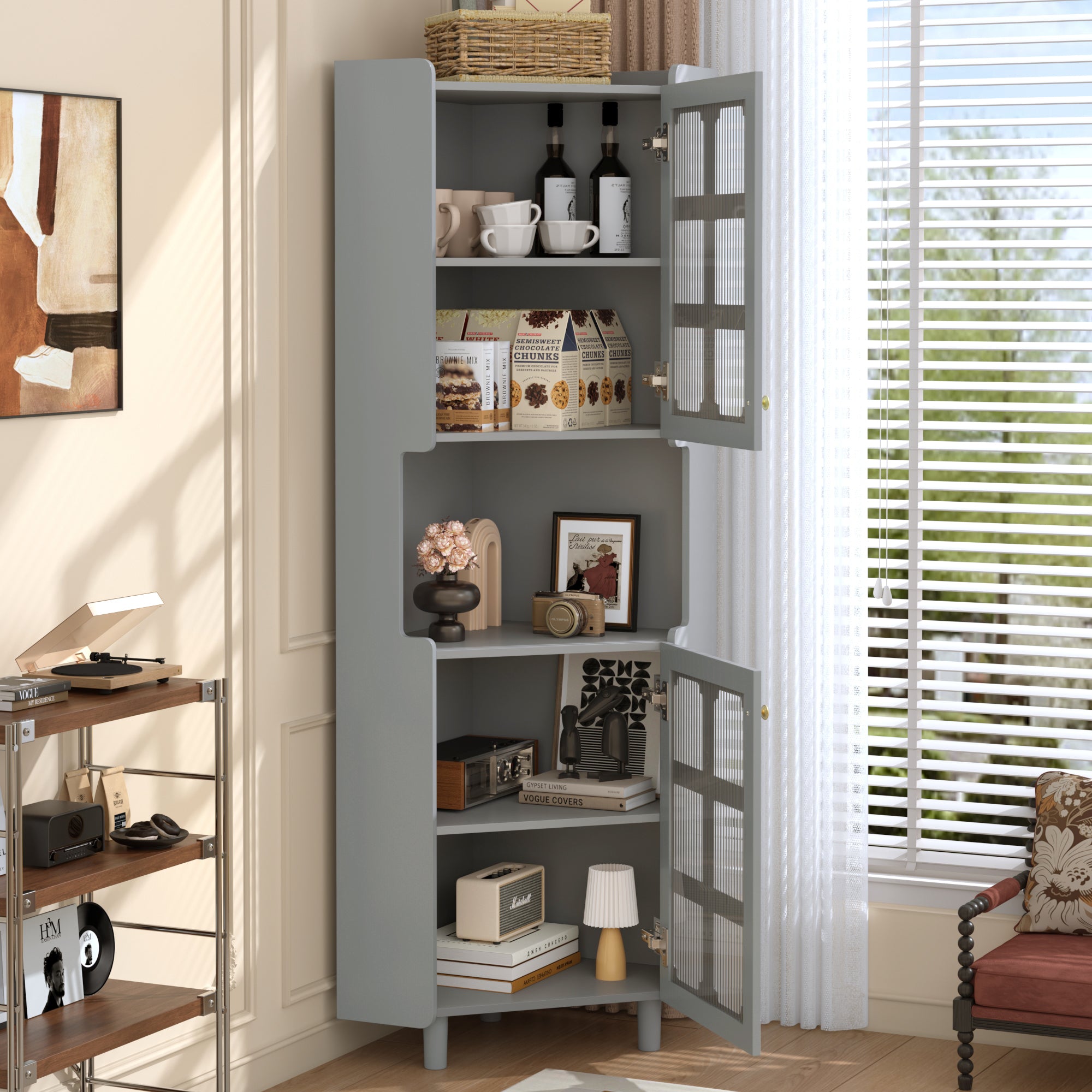 Corner Cabinet Multifunctional Storage LED Lacquer - Grey