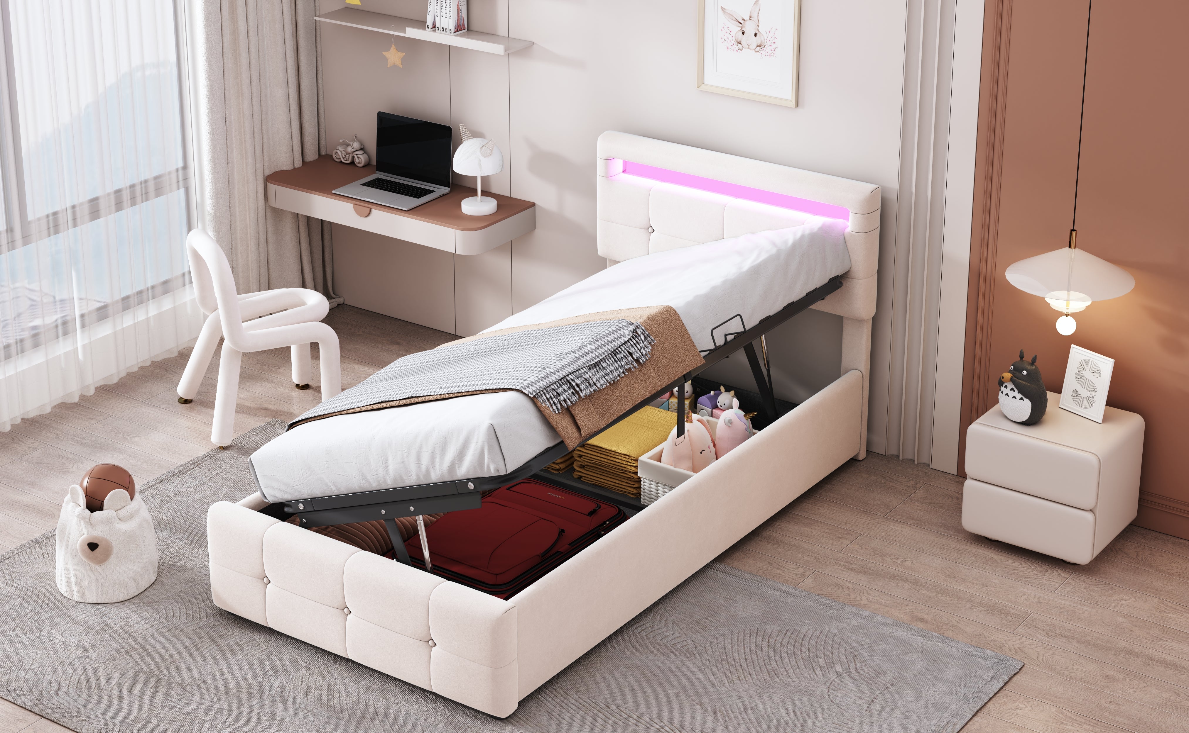 Upholstered Children's Bed 90x200cm, LED, Hydraulic Storage, Adjustable Headboard, Velvet Beige