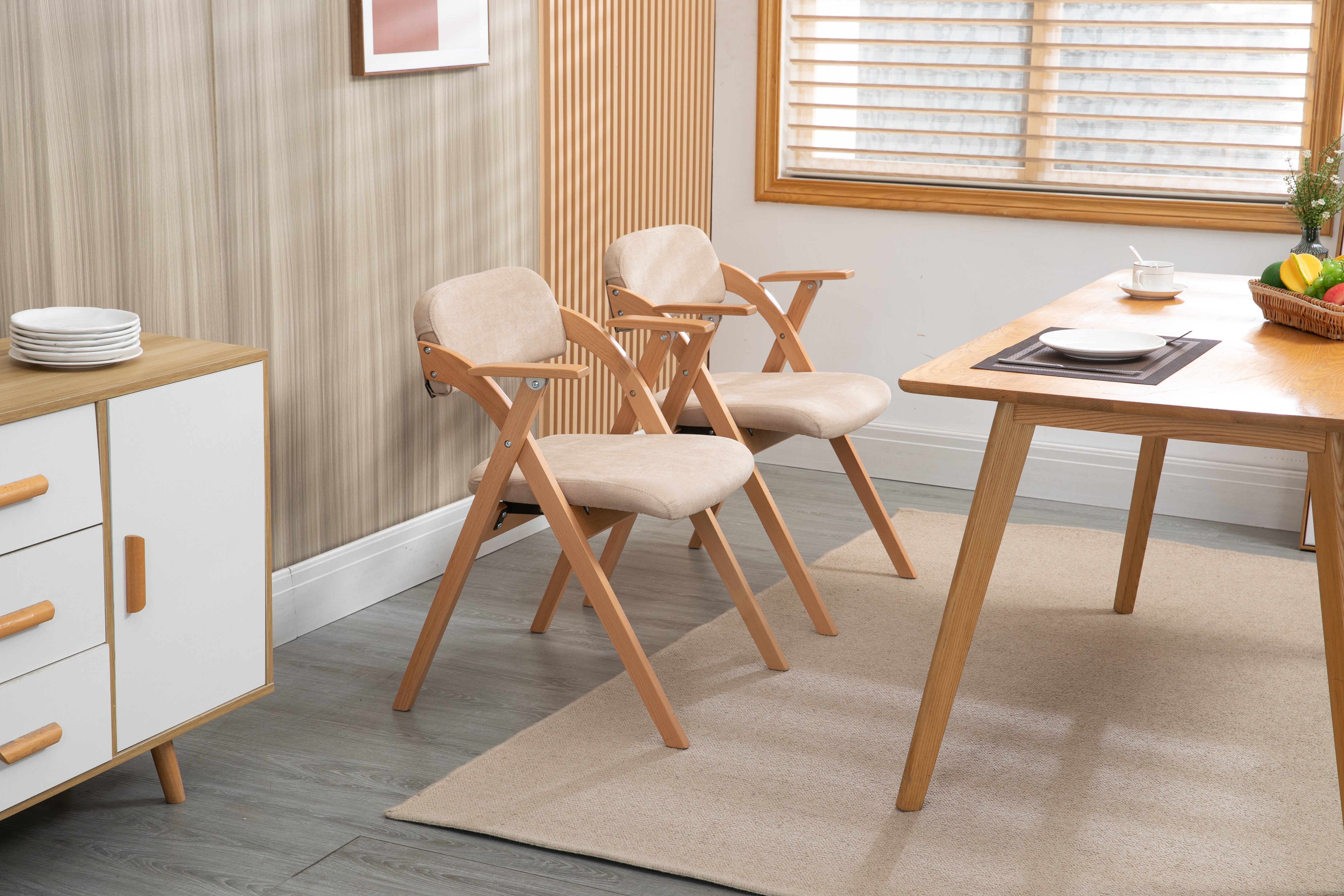 HOMEFUN Folding Dining Chairs, Padded Stackable with Armrest (Set of 2), Wooden Khaki