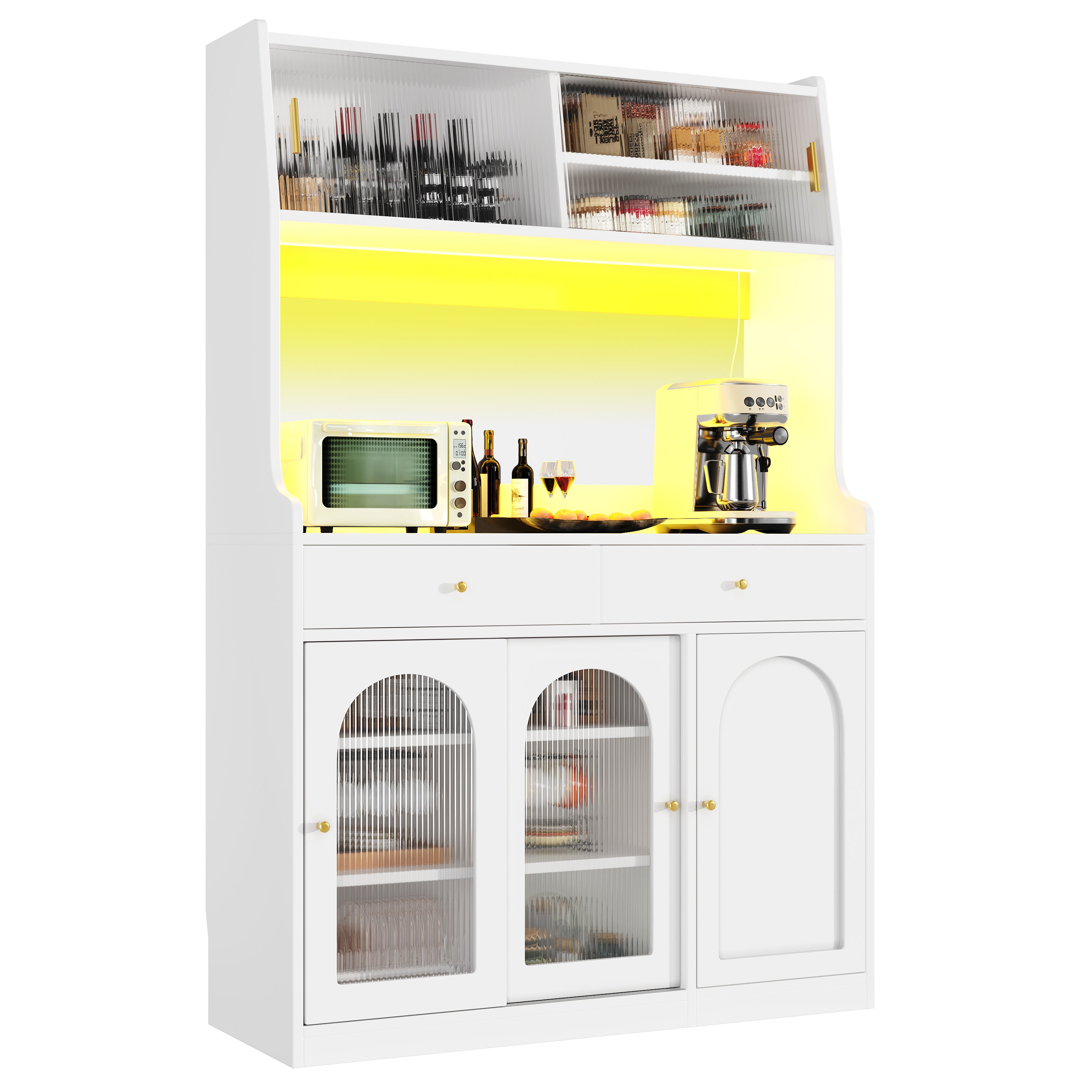 Tall Kitchen Cabinet Buffet Sideboard, Display Storage Adjustable Shelves 2 Drawers LED Lighting - White