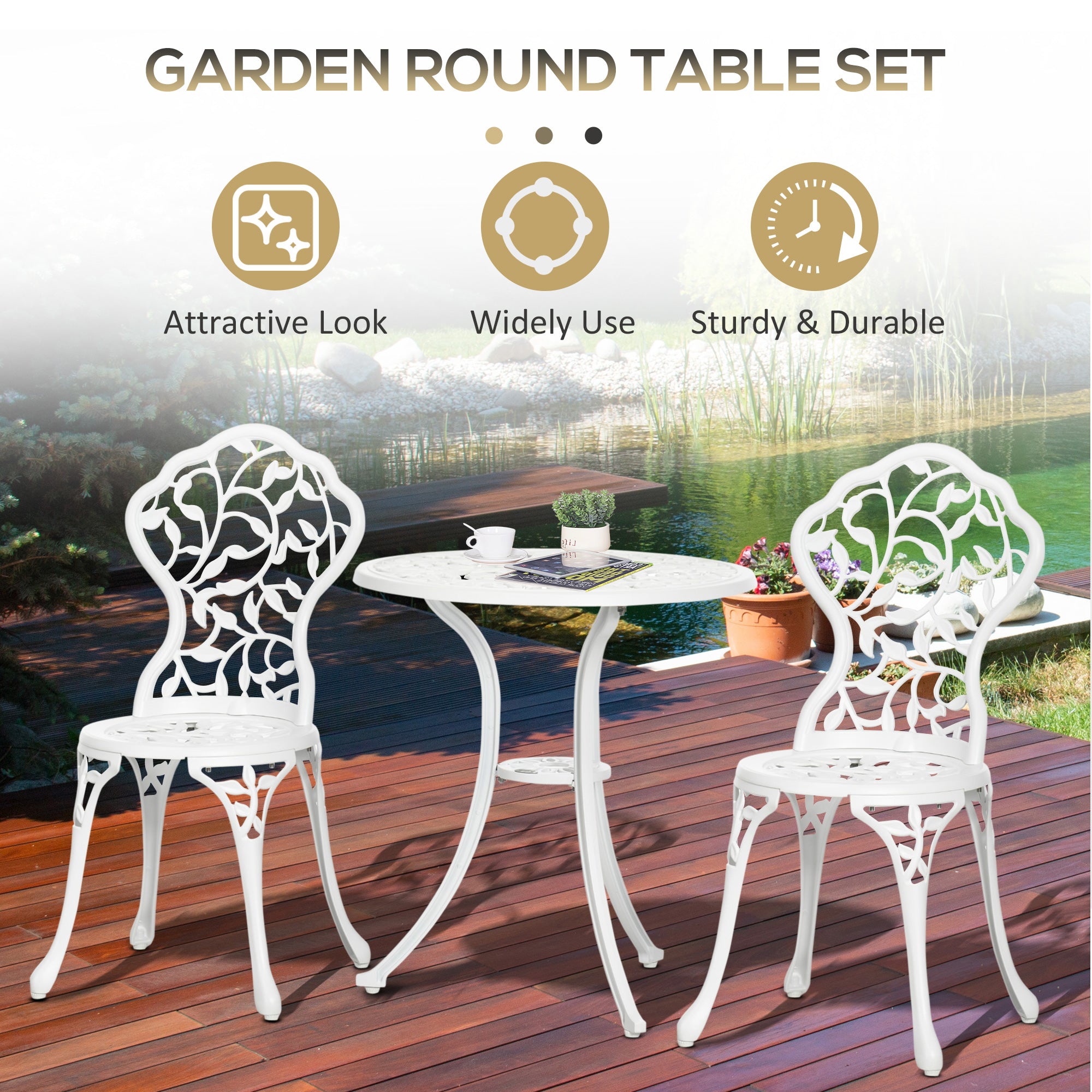 3 Pcs Bistro Set, Garden Dining Table Chairs Antique Outdoor Seat, Aluminium White