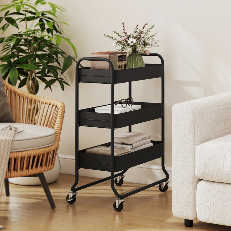 3-Tier Storage Trolley Rolling Utility Cart with Mesh Baskets Black