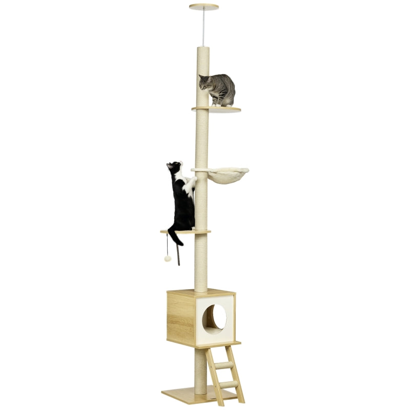 Cat Tree, Ceiling-High Cat House Two Platforms Hammock Anti-Tip, Light Brown + Beige
