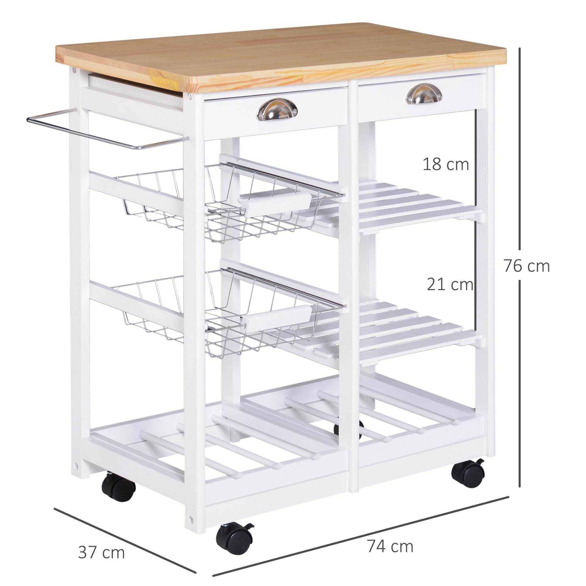Rolling Kitchen Island Trolley Cart with Drawers, Shelves, and 6 Bottle Wine Rack, White