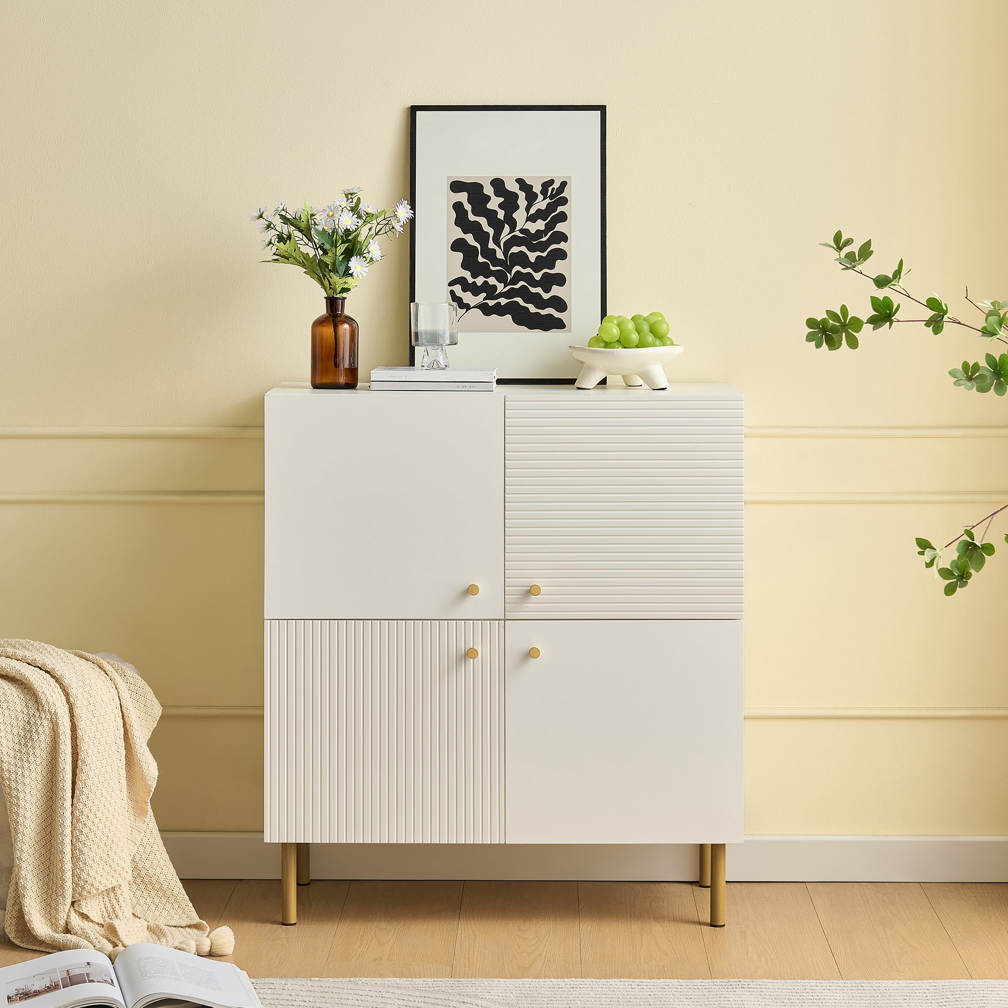 Sideboard, Modern MDF with Zinc Alloy Handles & Steel Legs, White